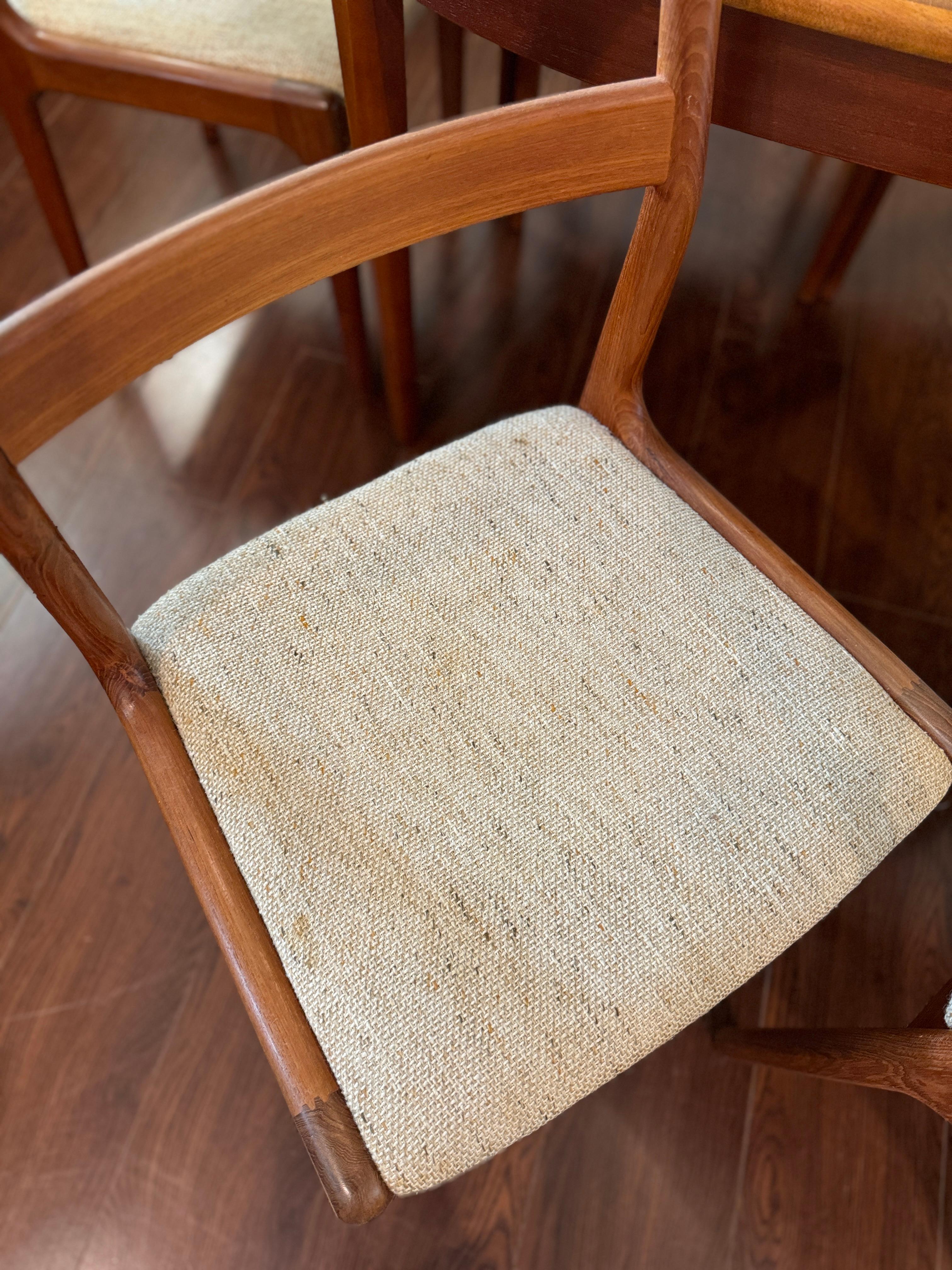 A set of 6 Danish dining chairs made from solid teak by Ansager Mobler, circa 1960s. The detailed joinery and design is very common on good quality danish chairs and helps them last and last and these are no exception. There is some wear to the seat