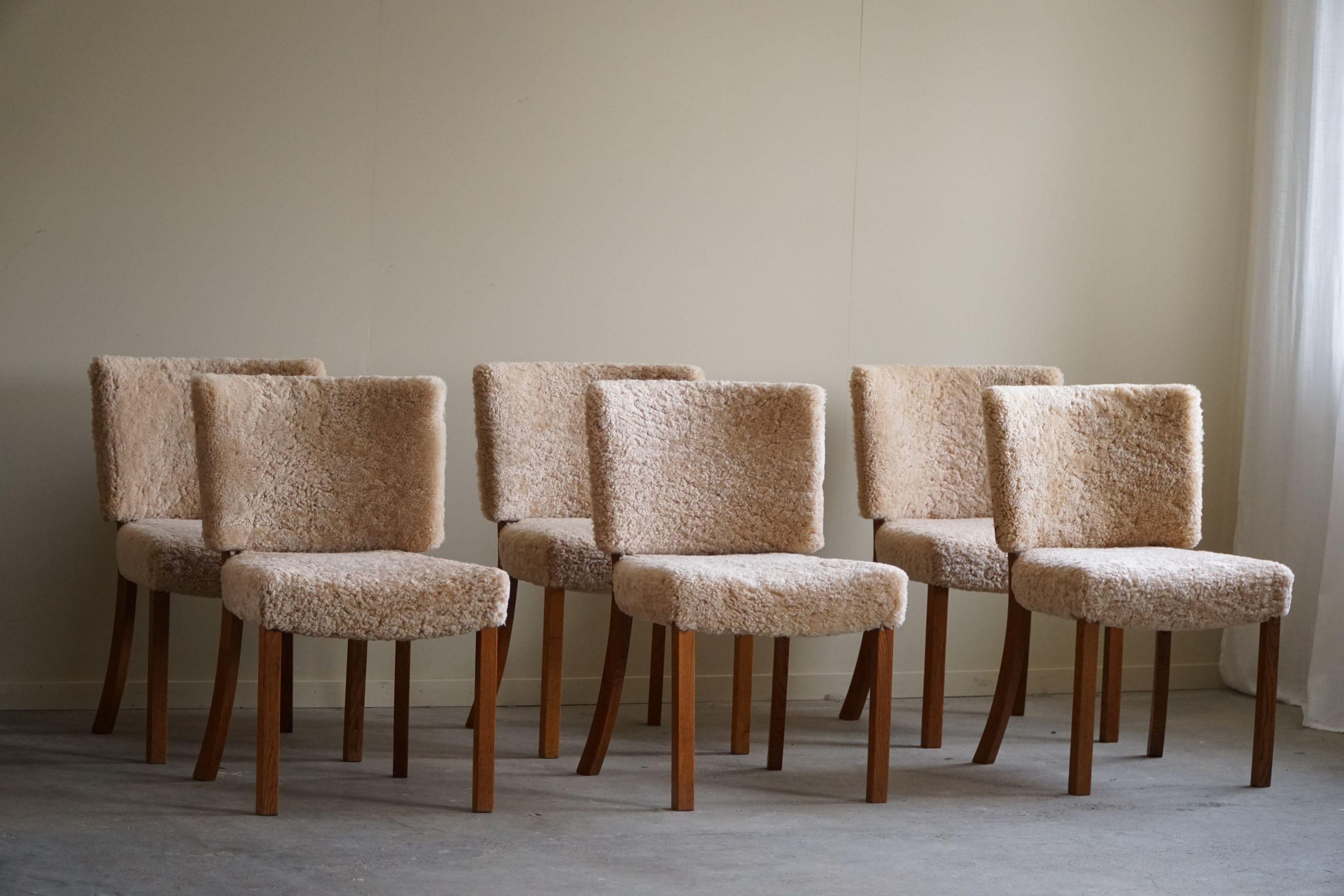 A set of 6 Dining Chairs in Oak and Lambswool, Danish Modern, Kaj Gottlob, 1950s For Sale 6