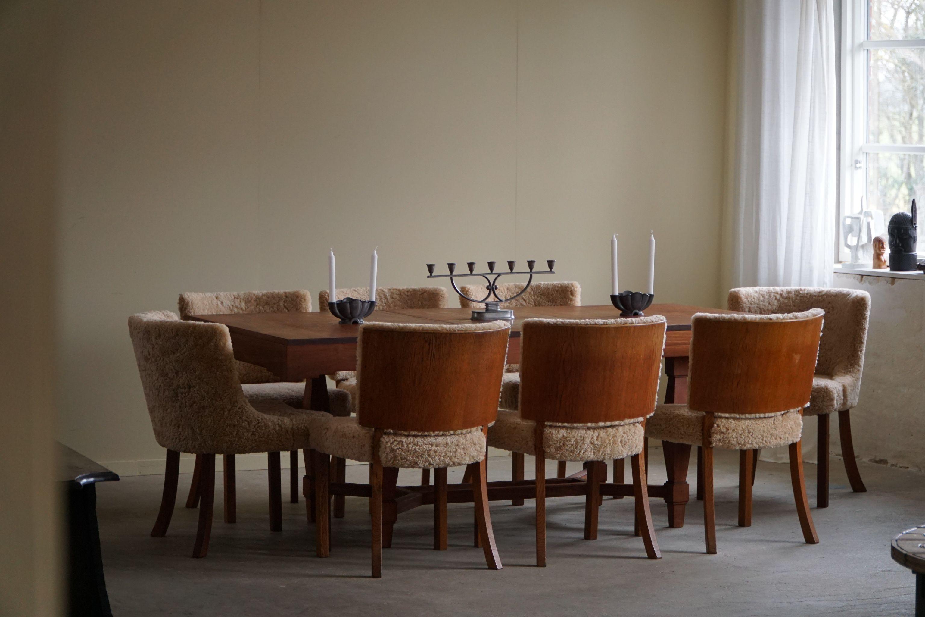 Art Deco A set of 6 Dining Chairs in Oak and Lambswool, Danish Modern, Kaj Gottlob, 1950s For Sale