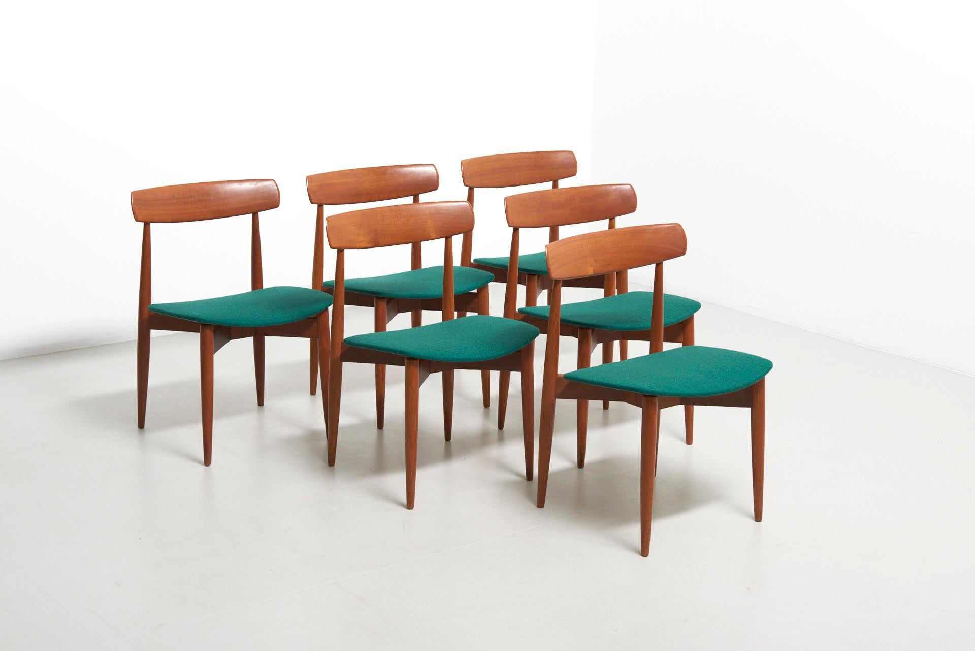 A set of 6 solid teak dining chairs by H.W. Klein for Bramin. Completely restored and reupholstered in green Tonica Kvadrat fabric.