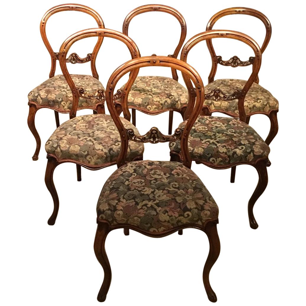 Set of 6 English Victorian Walnut Dining Chairs For Sale