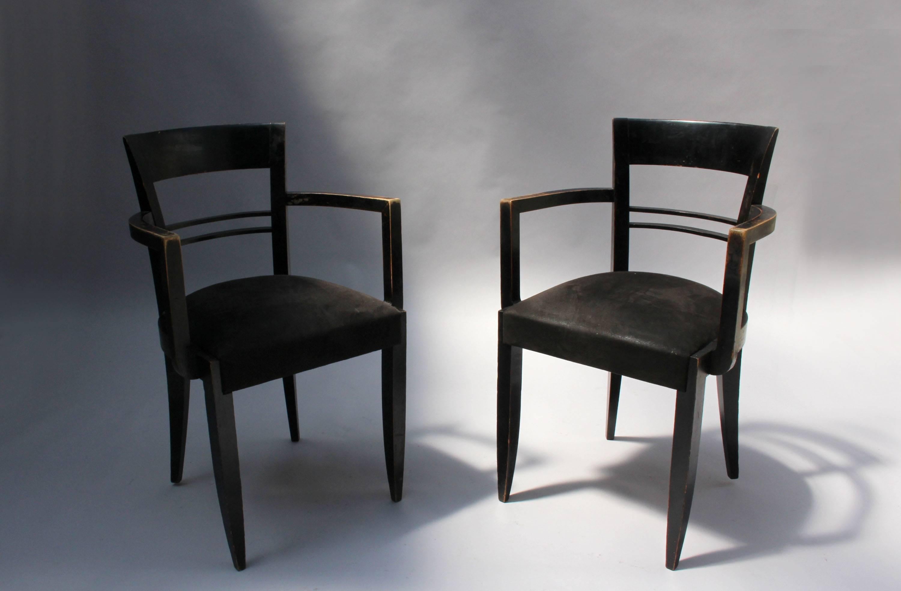 Set of Six French Art Deco Blackened Dining Chairs In Fair Condition In Long Island City, NY