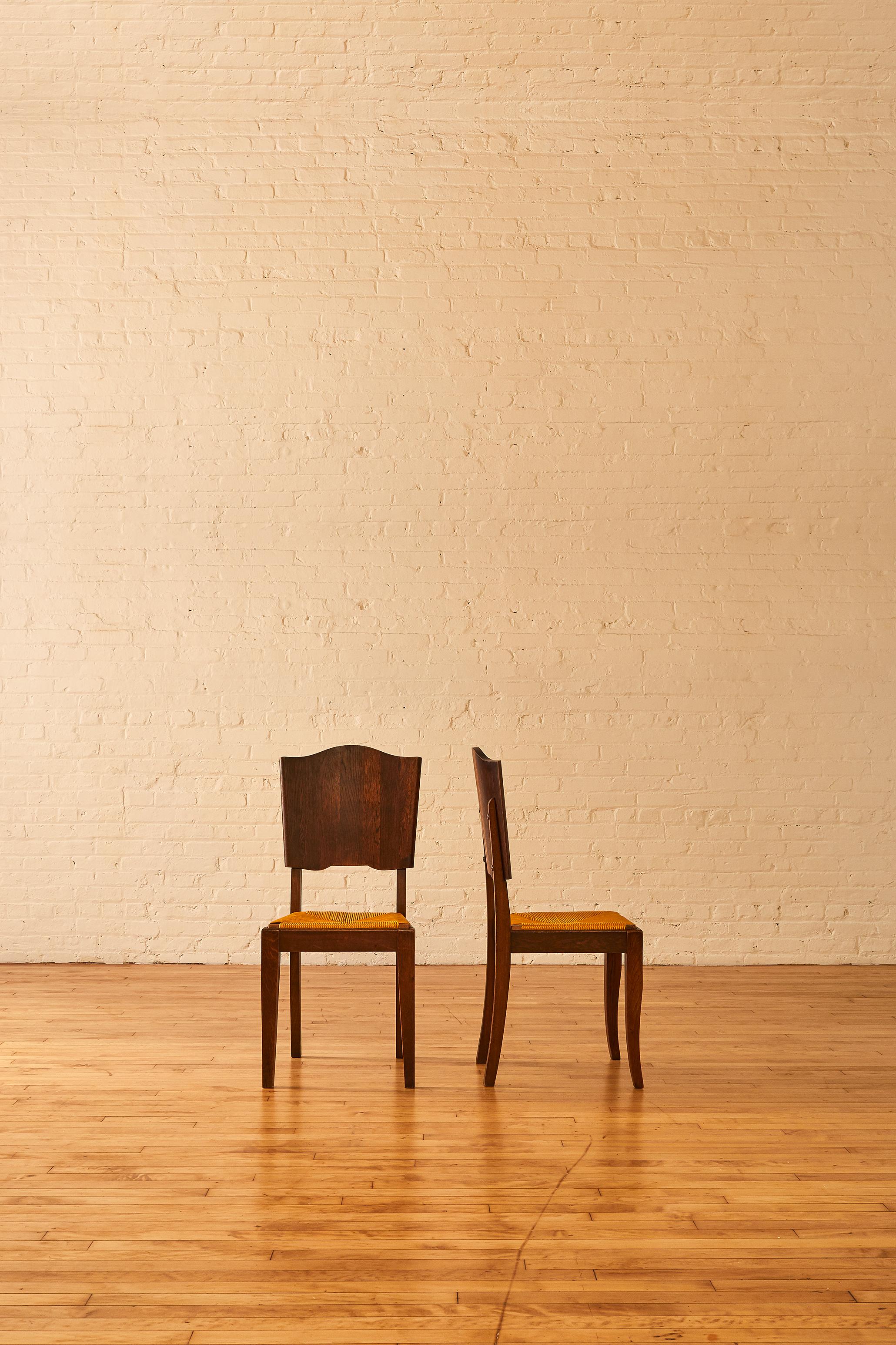 Mid-Century Modern Set of 6 French Oak & Rush Scalloped Back Dining Chairs