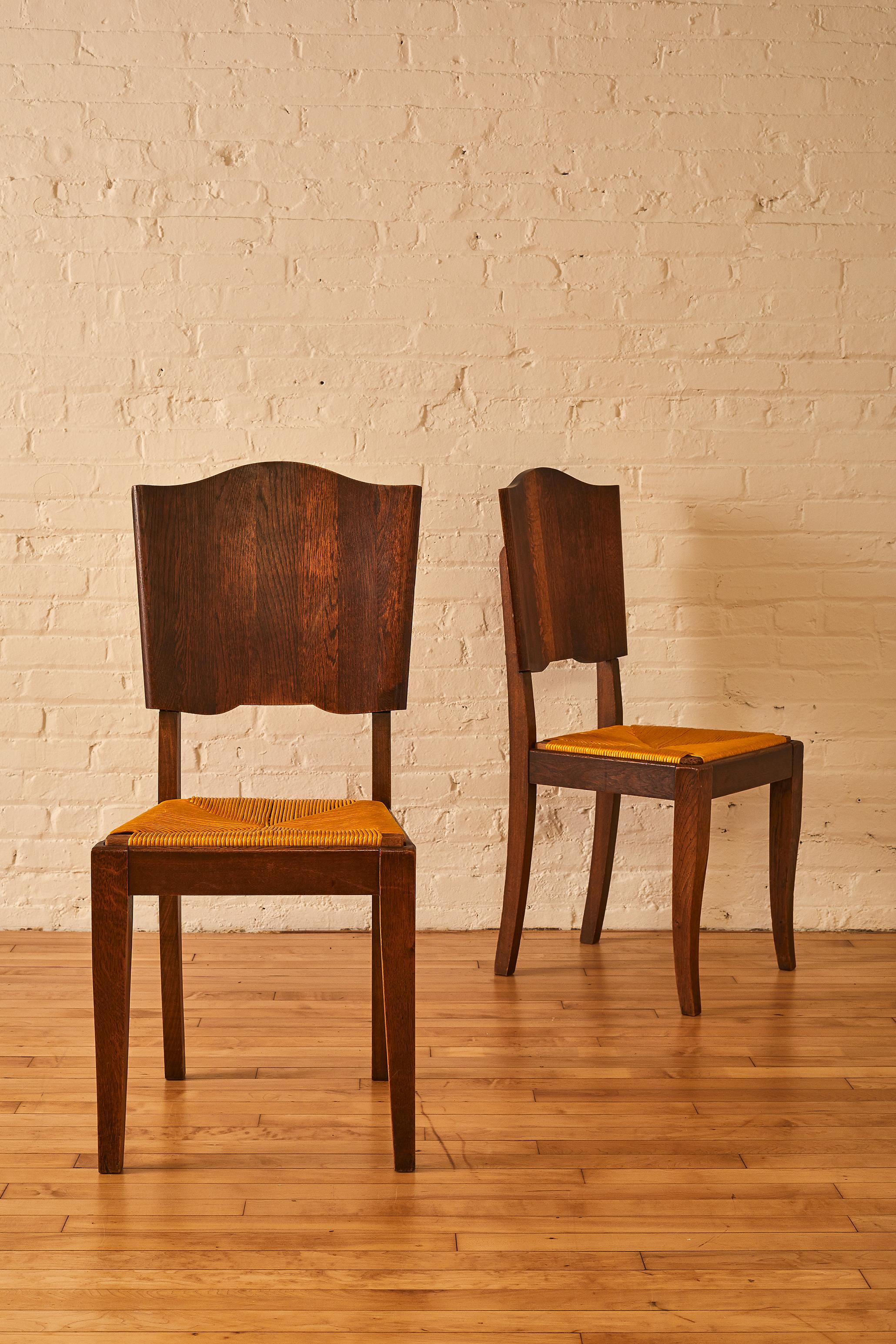 20th Century Set of 6 French Oak & Rush Scalloped Back Dining Chairs