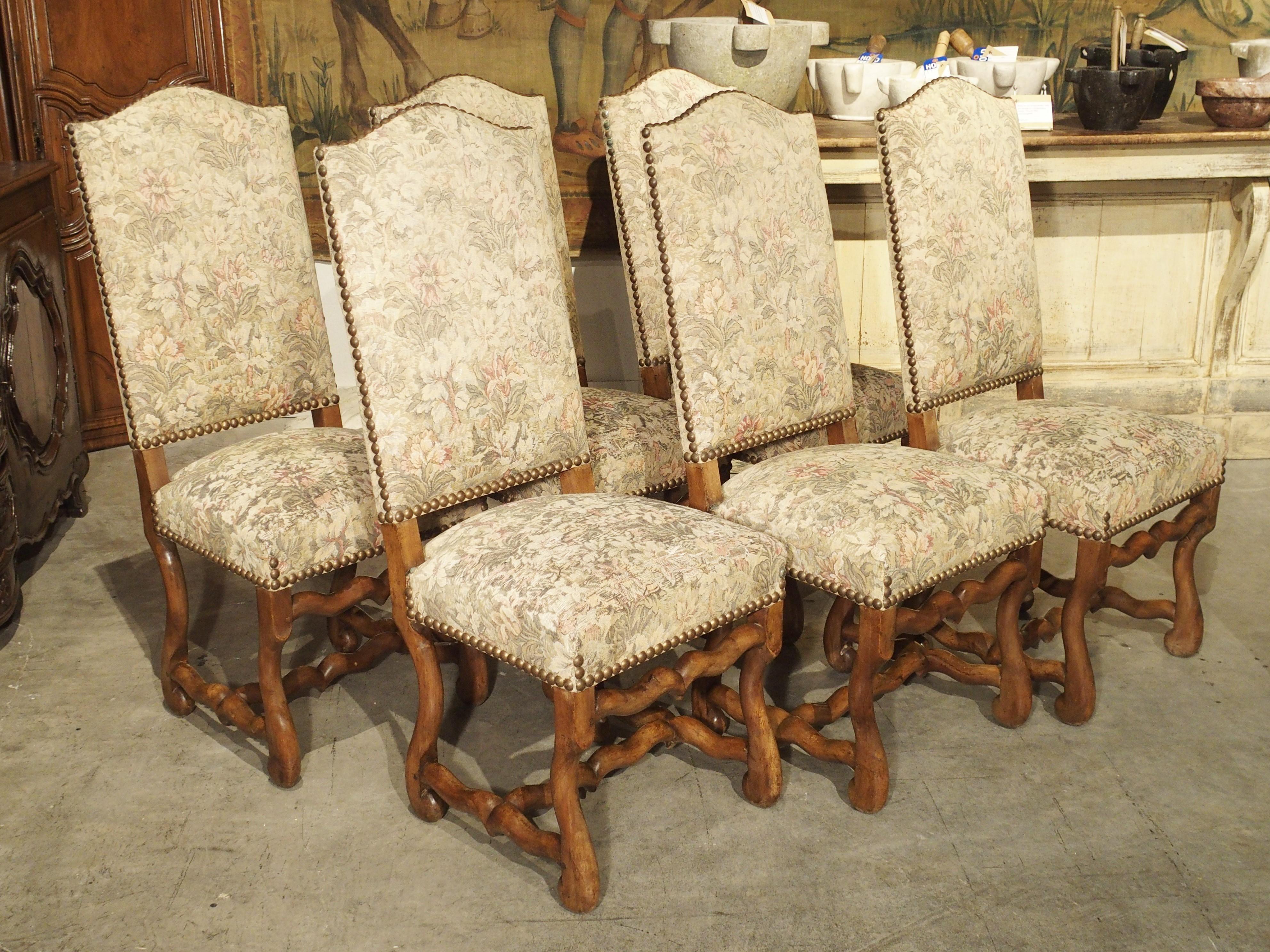Hand-Carved Set of 6 French Os De Mouton Side Chairs in Carved Beech