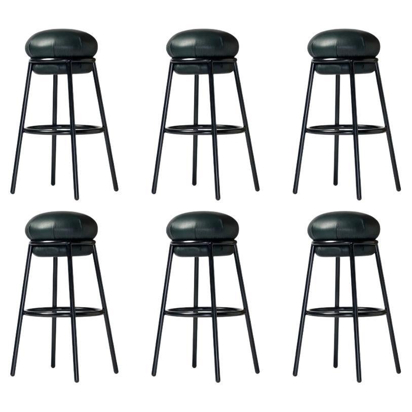 A set of 6 contemporay 6 "Grasso" bar stools black steel framed green leather  For Sale