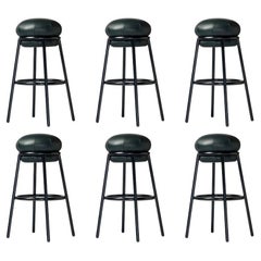 A Set Of 6 Grasso Bar Stool With Black Steel Painted Framed With Green Leather 
