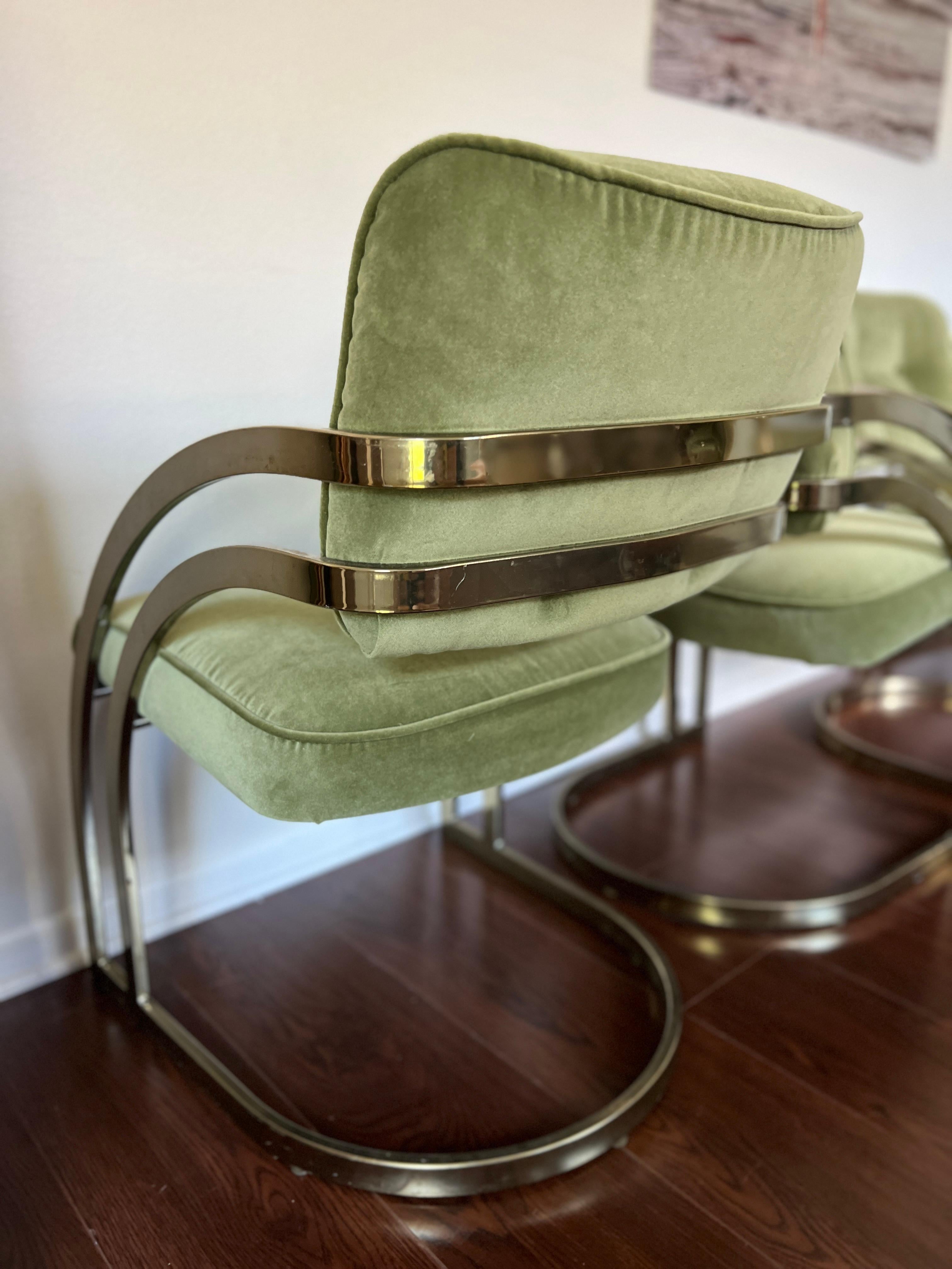 A set of 6 green velvet gold waterfall cantilever brass plated dining chairs 4