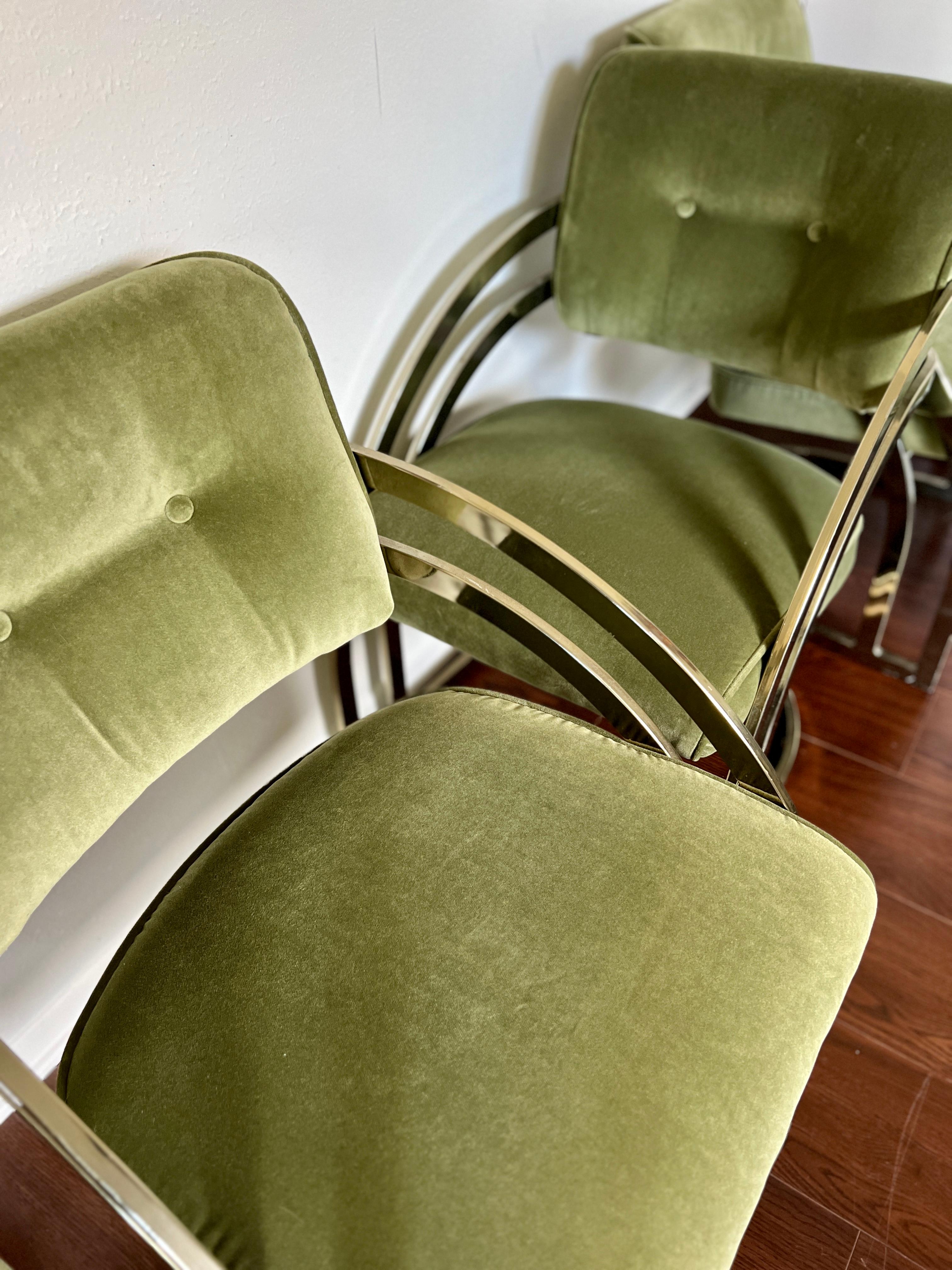 A set of 6 green velvet gold waterfall cantilever brass plated dining chairs 8