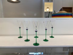 A Set of 6 Hand-blown Emerald Green Cobalt Blue Stem Champagne Flutes Art Glass