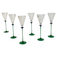A Set of 6 Hand-blown Emerald Green Cobalt Blue Stem Champagne Flutes Art Glass