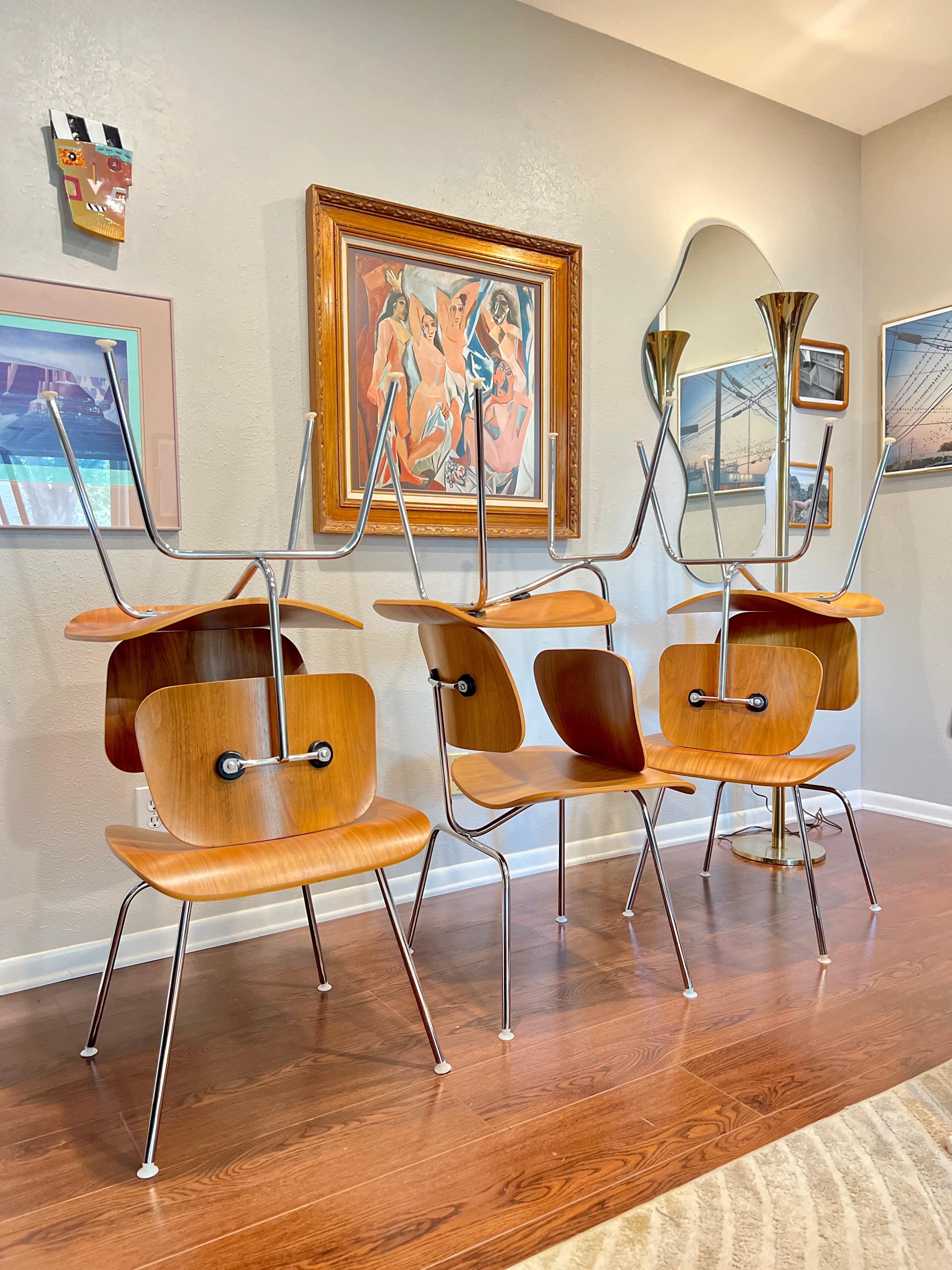 A set of 6 Herman Miller DCM chairs circa 2008. Recently refurbished and in pristine condition. “The Eames Molded Plywood Dining Chair began as an experiment in the California apartment of Charles and Ray Eames and quickly became a favorite of
