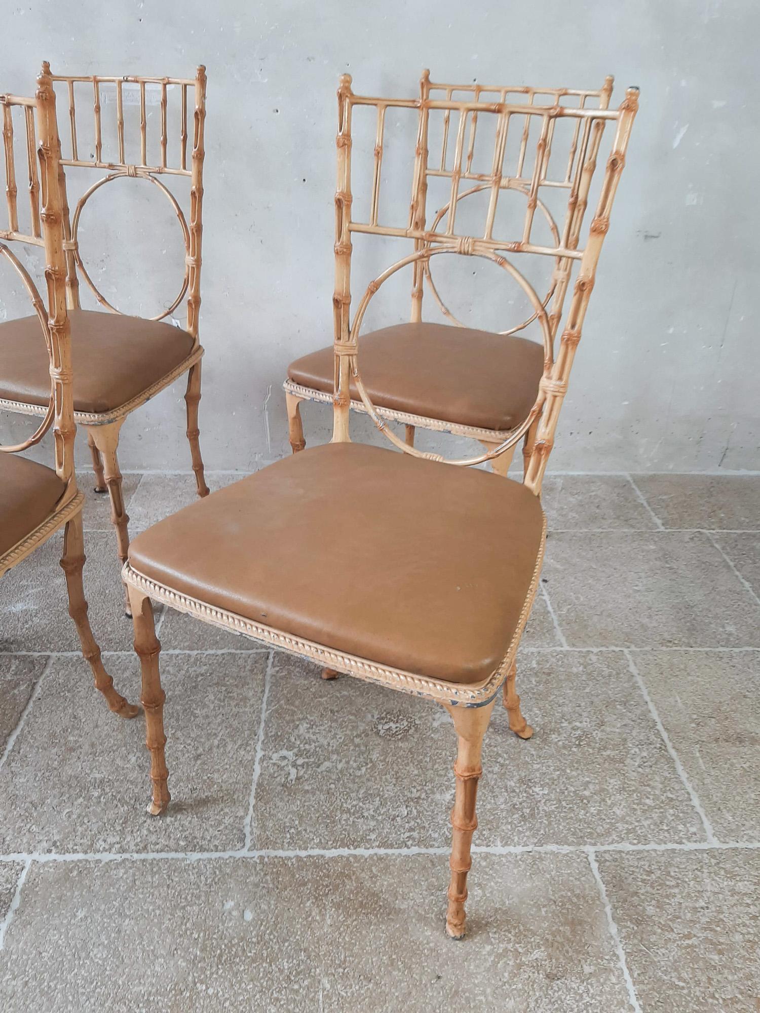 Lot de 6 chaises à manger Midcentury en aluminium peint en faux bambou, 1950s en vente 2