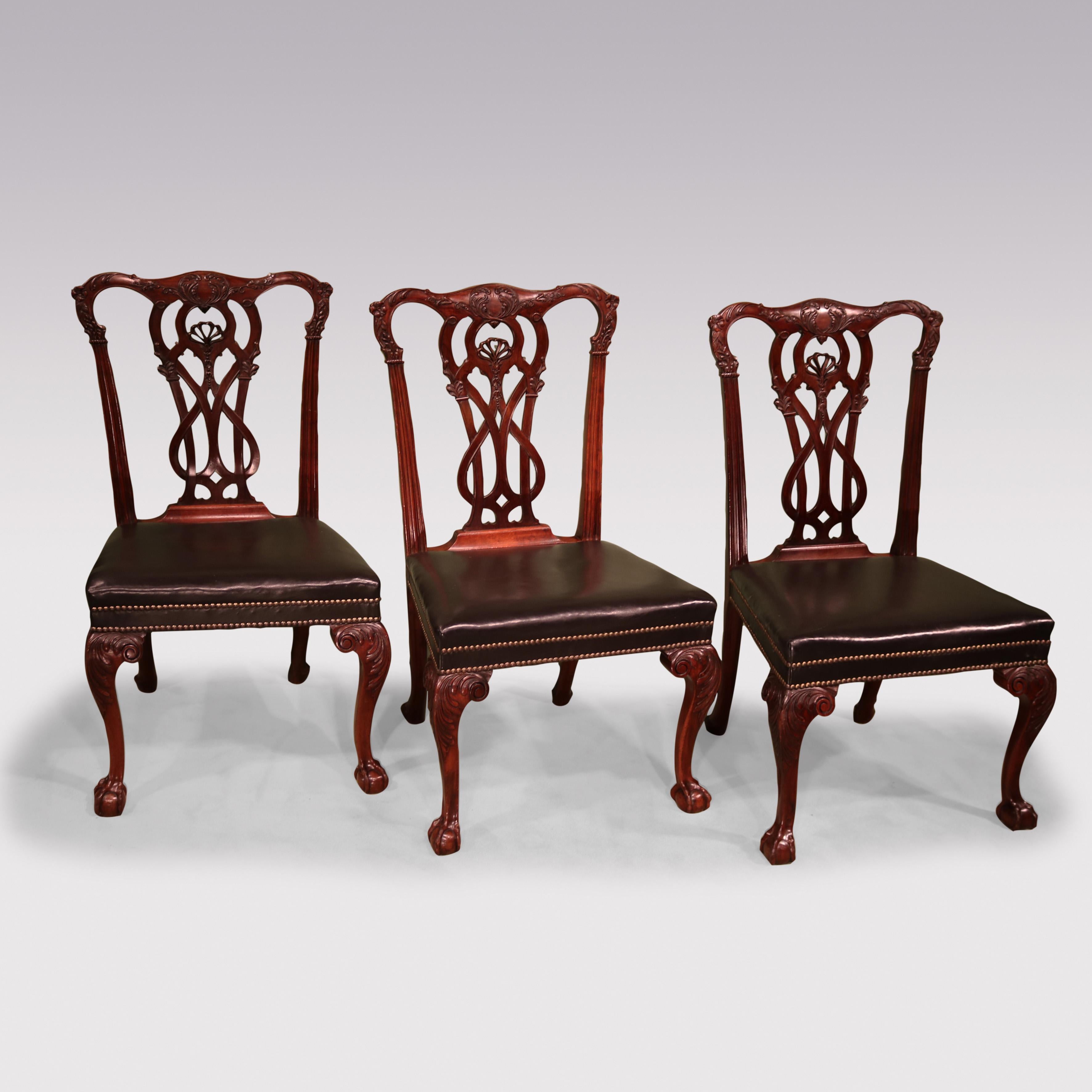 A fine quality set of 6 single and 2 arm Chippendale revival Mahogany Dining Chairs, acanthus carved throughout having shaped top rail above interlaced splats with honeysuckle detail. The Chairs with outswept panelled arms and scrolled ends having