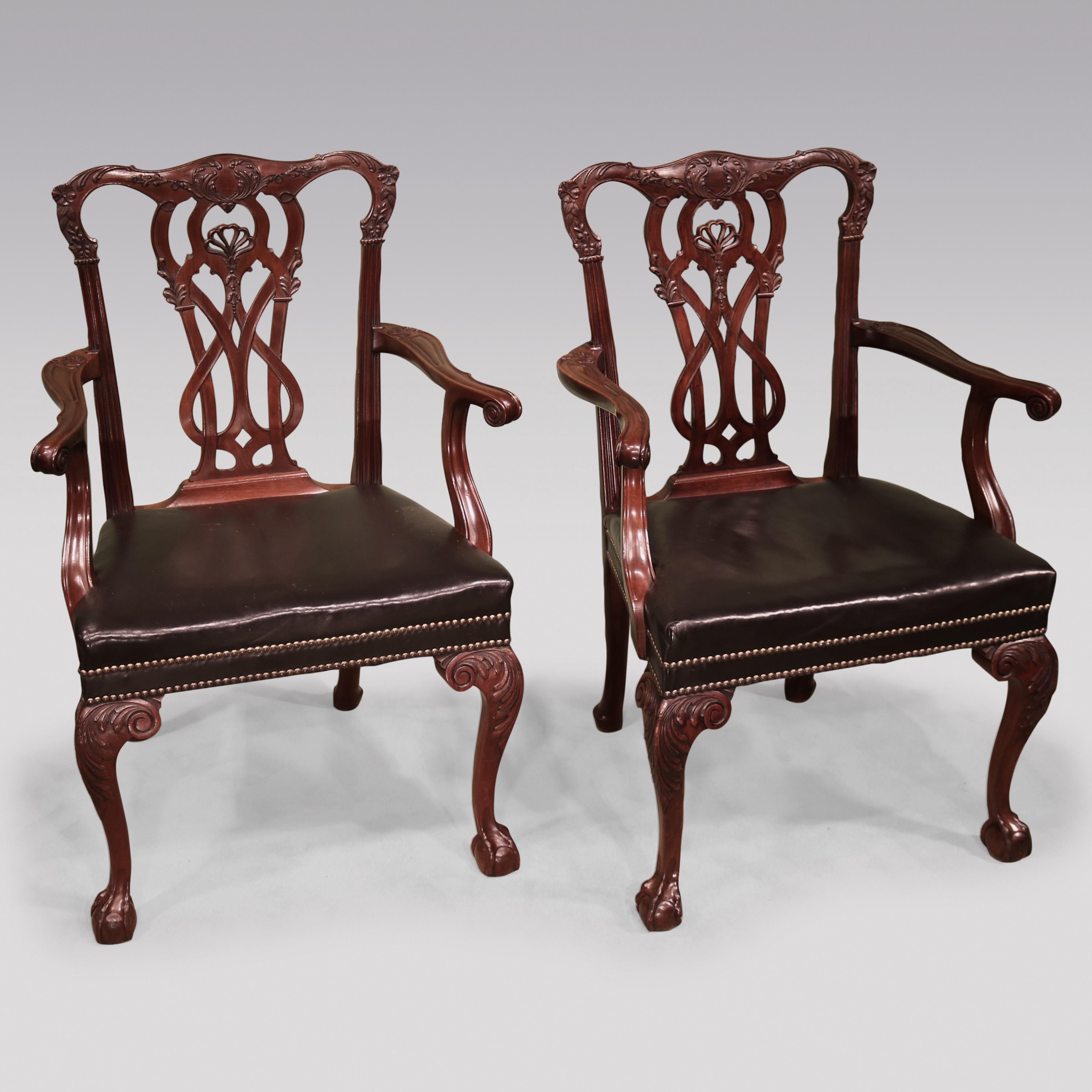 English Set of 6 Single and 2 Arm Chippendale Revival Mahogany Dining Chairs For Sale