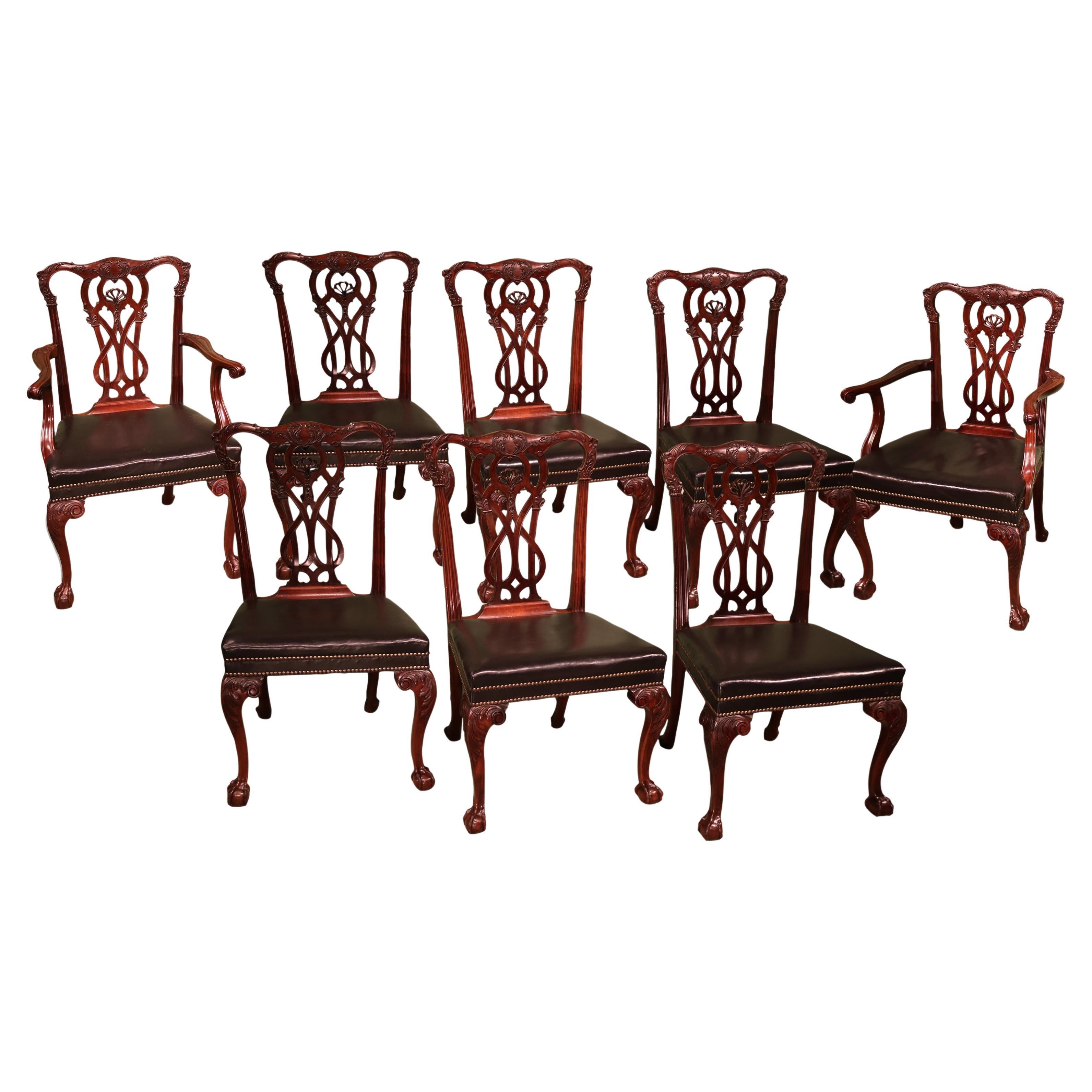 Set of 6 Single and 2 Arm Chippendale Revival Mahogany Dining Chairs For Sale