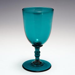 A Set of 6 Victorian Peacock Blue Wine Glasses, c1855