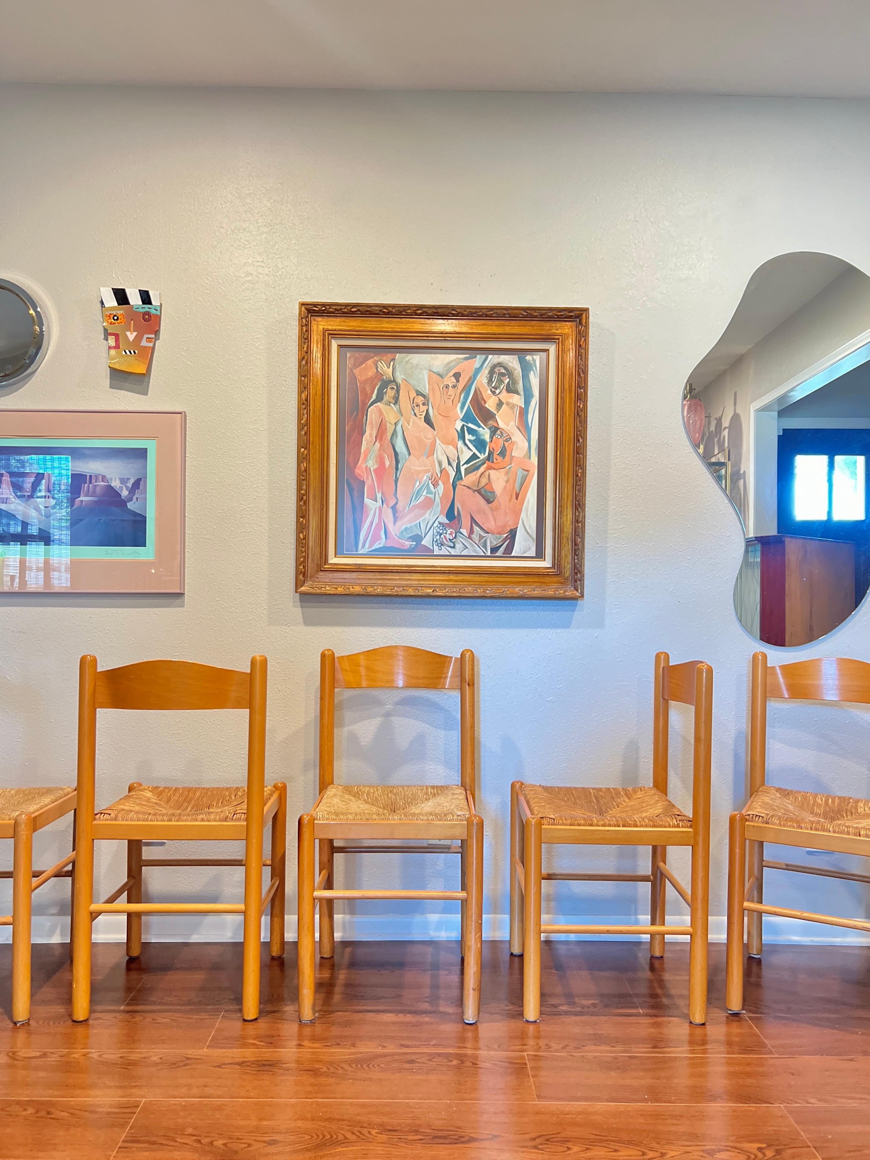 A set of 6 vintage chairs in rush and solid wood frames, circa 1970s 6