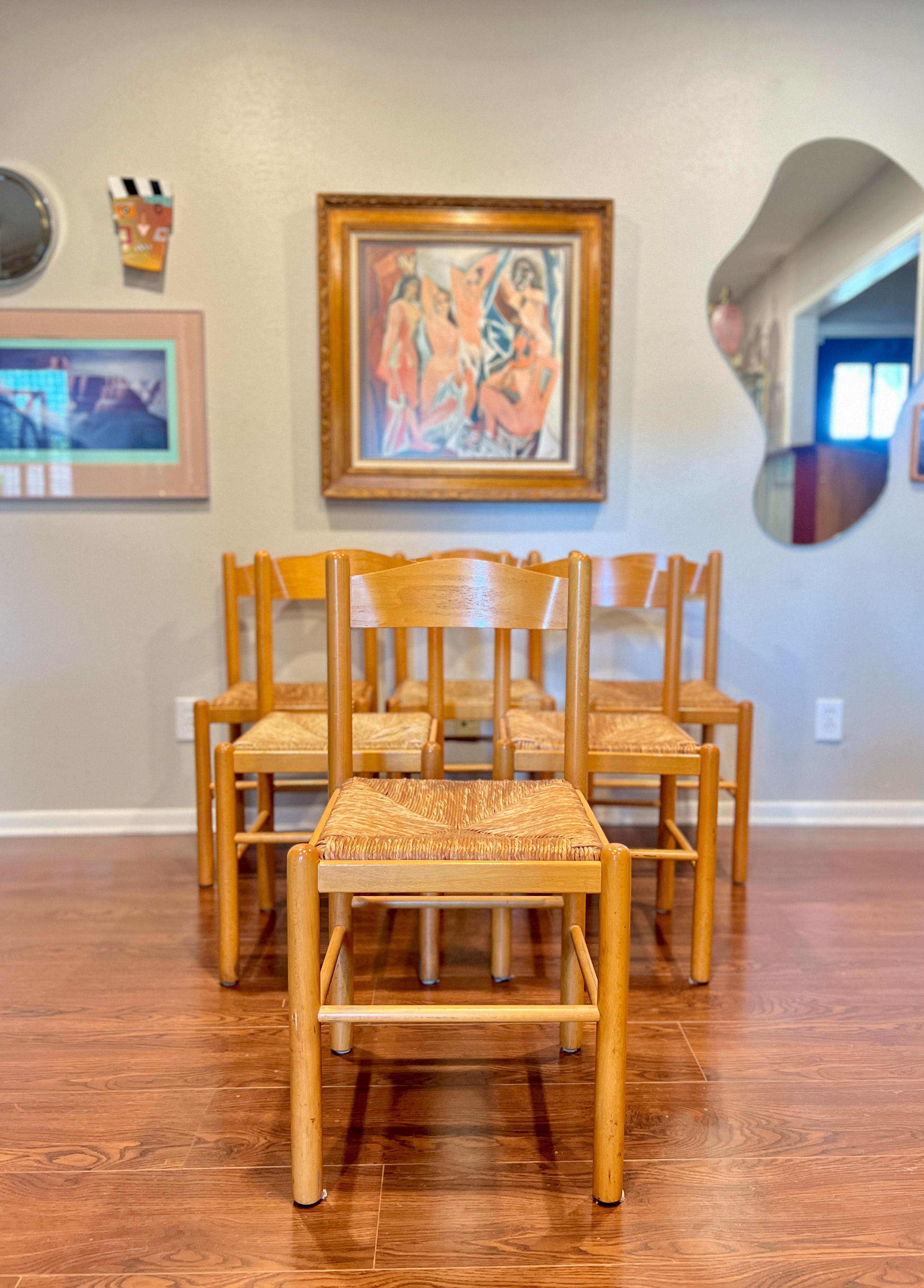Late 20th Century A set of 6 vintage chairs in rush and solid wood frames, circa 1970s