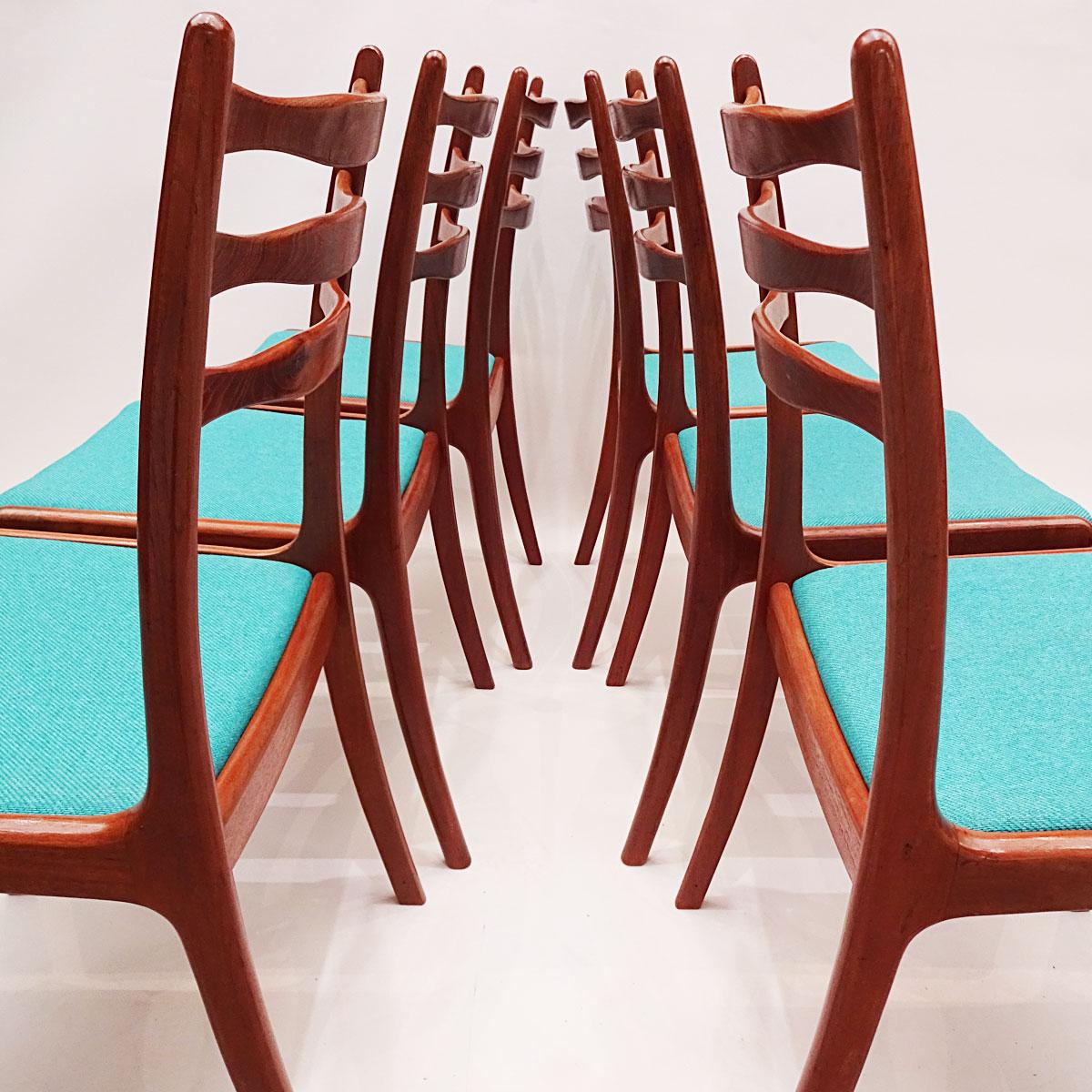 Unfortunately very little is known about SOS other than they were a Danish furniture producer from the 1960s and 1970s. These ladder back chairs show quality in design and manufacturer and feature gentle curves in the leg structure and in particular