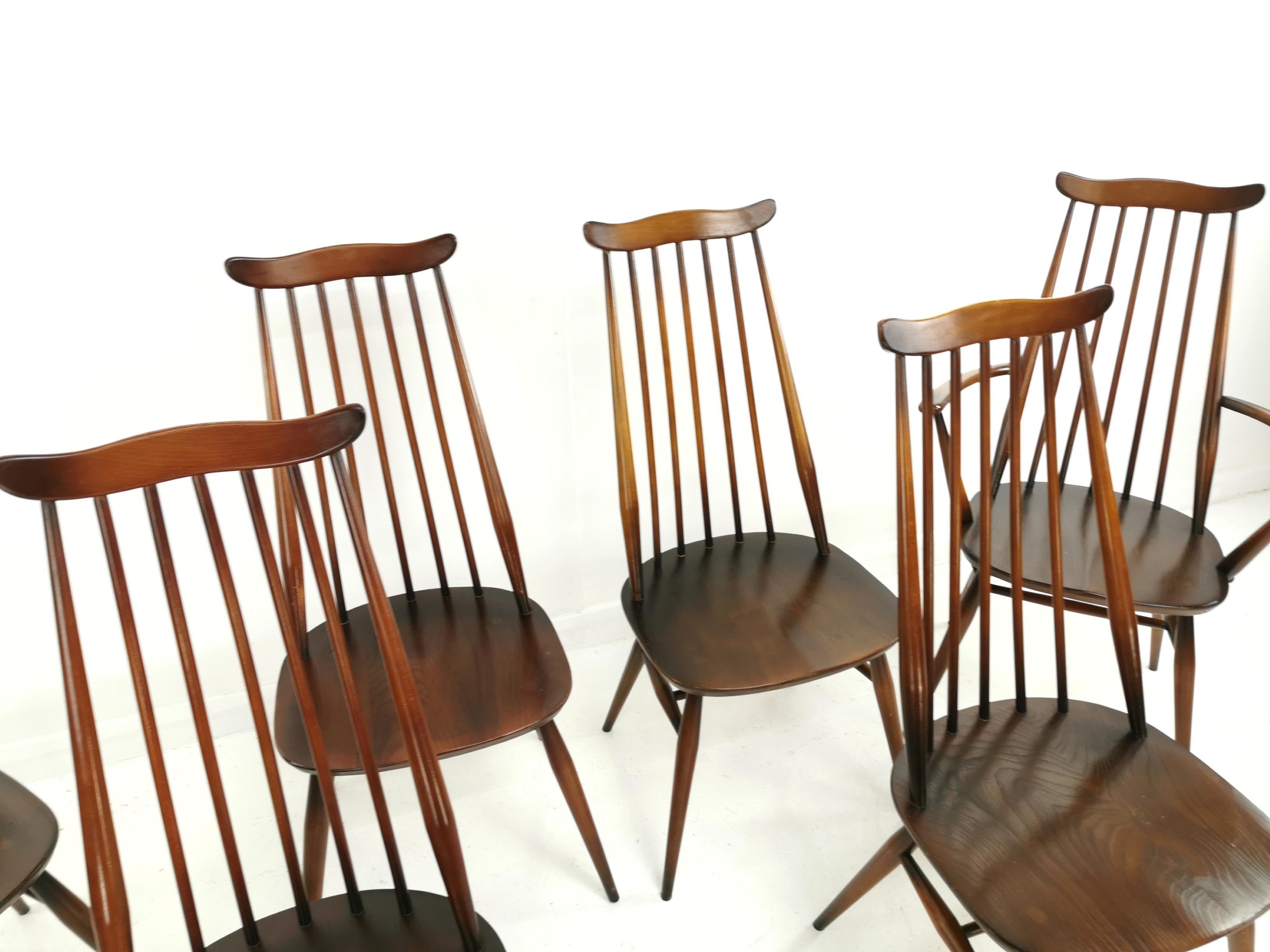 Mid-Century Modern Set of 6 Vintage Ercol Elm and Beech Goldsmith Dining Chairs Midcentury