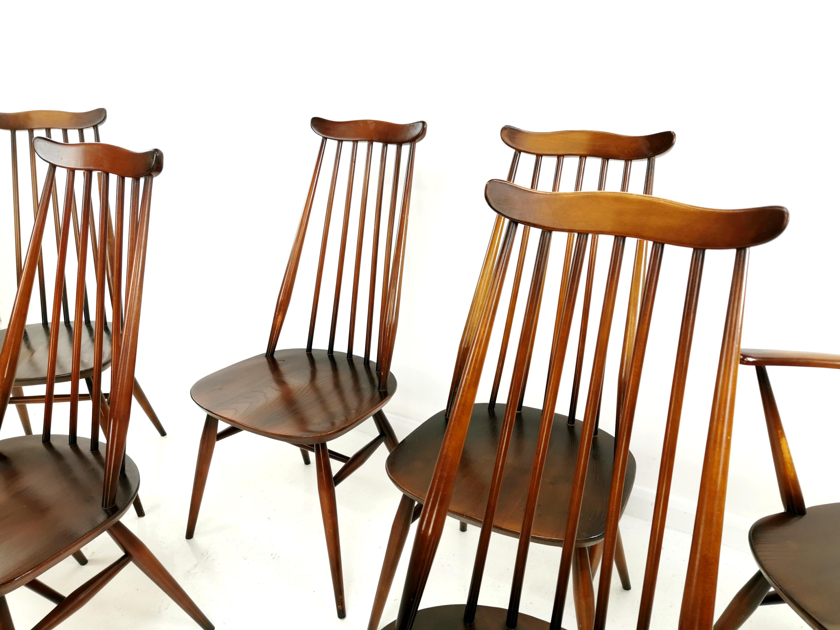 Set of 6 Vintage Ercol Elm and Beech Goldsmith Dining Chairs Midcentury 1