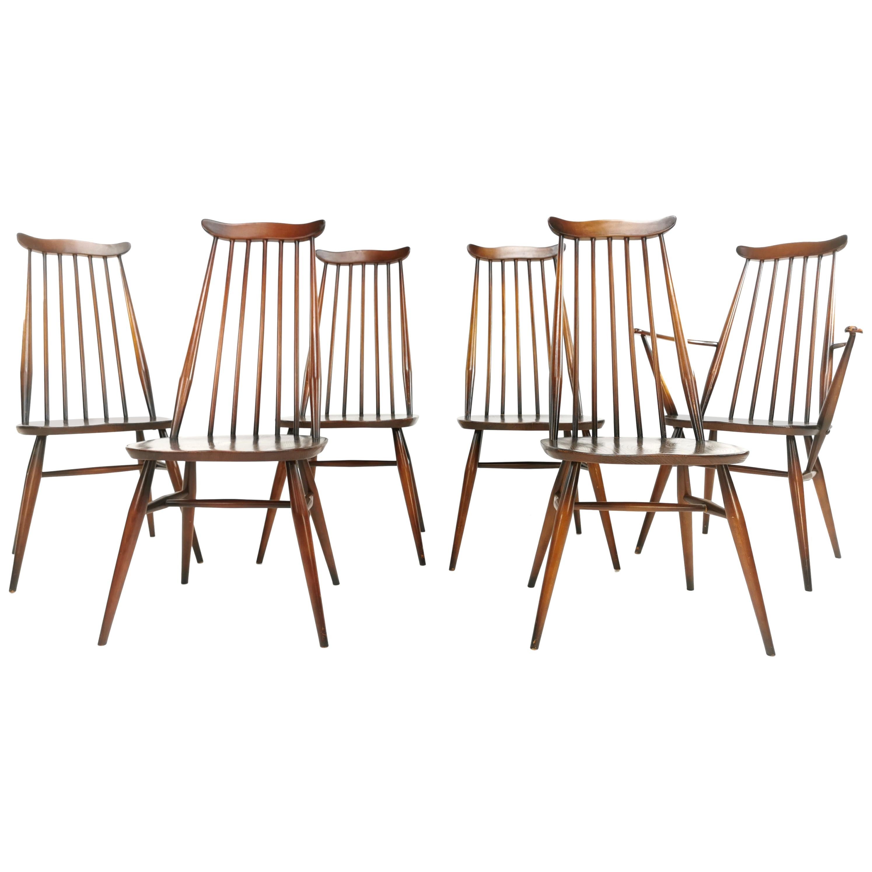 Set of 6 Vintage Ercol Elm and Beech Goldsmith Dining Chairs Midcentury