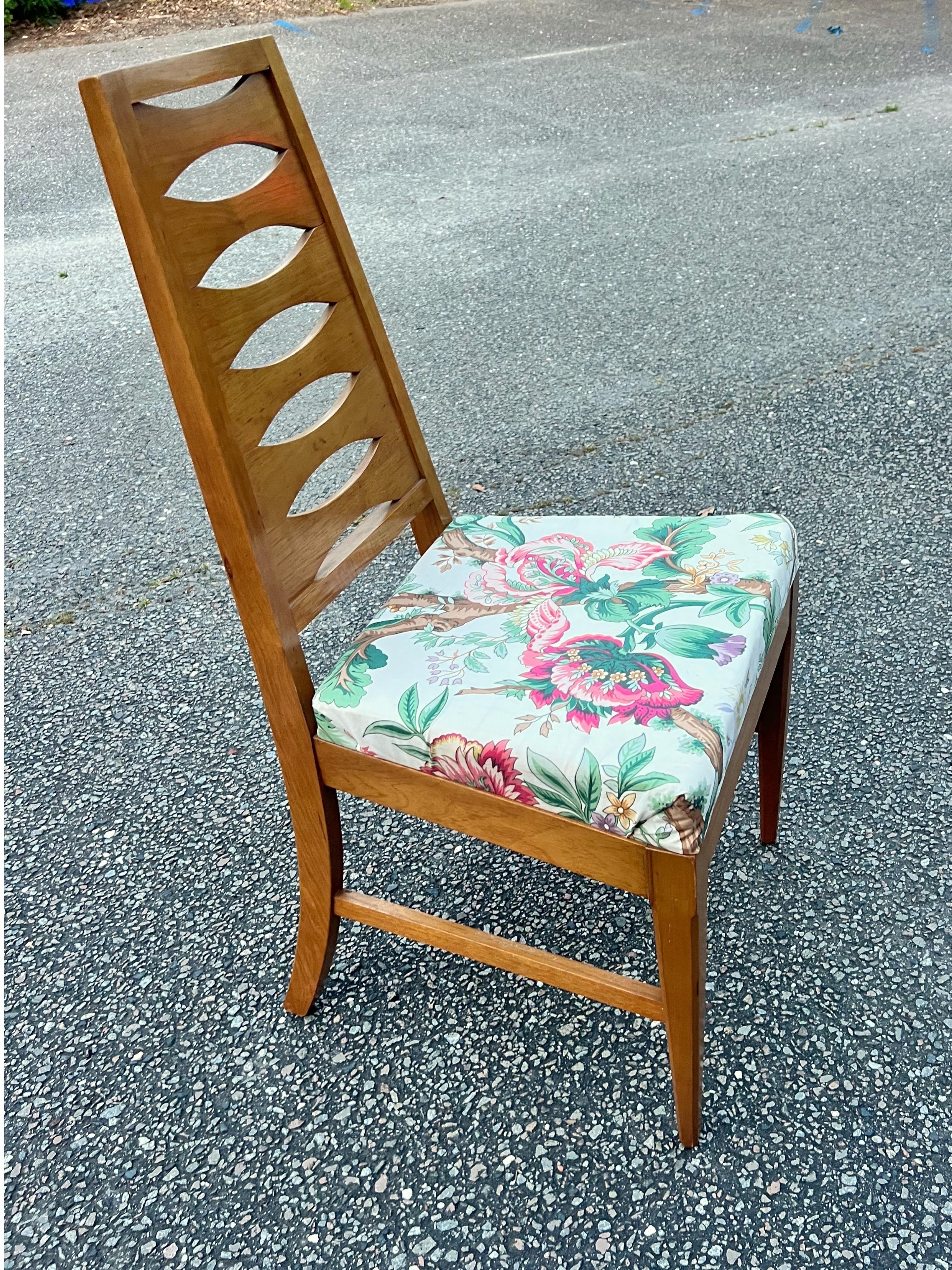Vintage Mid Century Modern Walnut Tall Ladder Back Dining Chairs - Set of 6. Set includes (2) arm chairs, (4) side chairs, tapered ladder backs, beautiful wood grain, tapered legs, clean modernist lines, quality American craftsmanship. Circa Mid