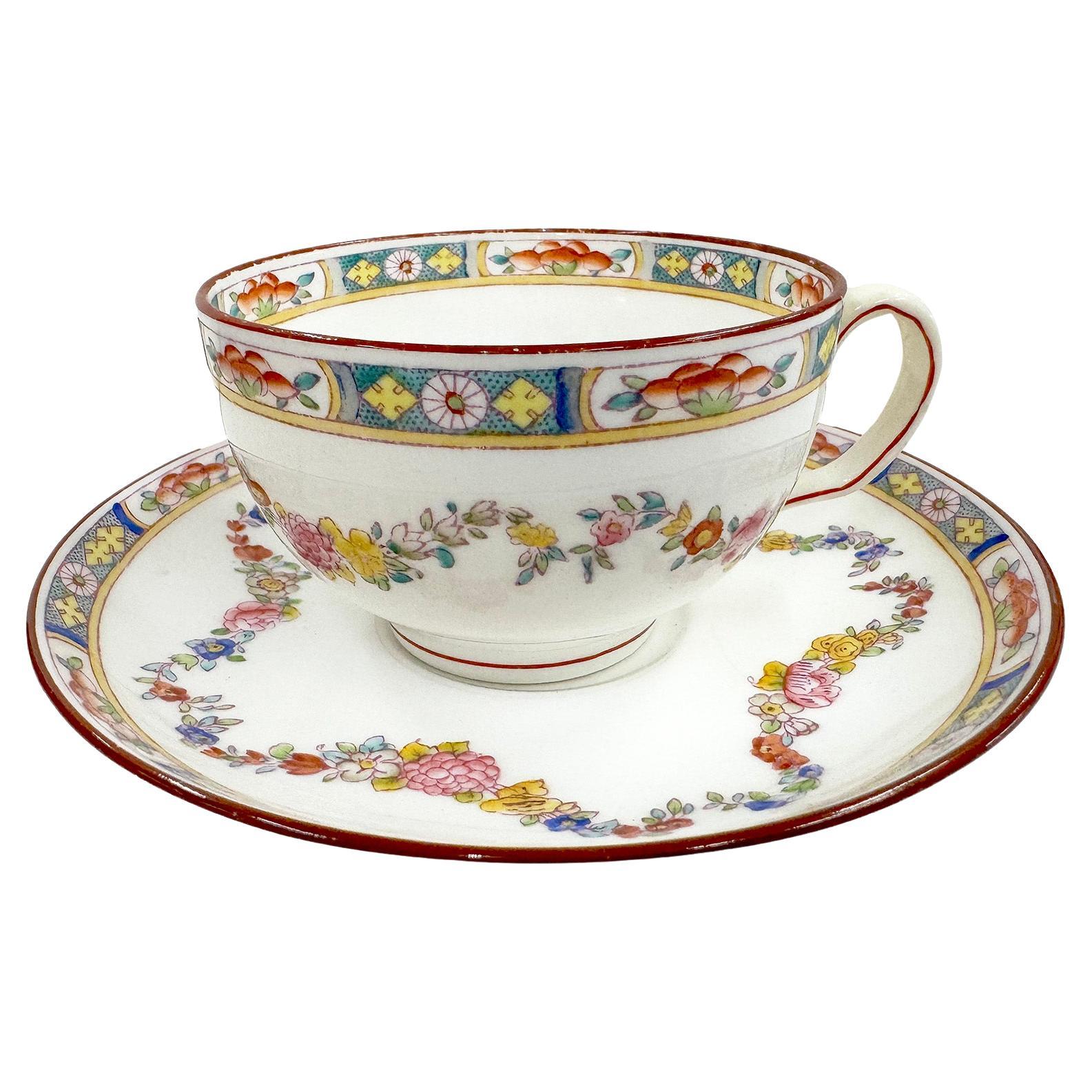 A Set of 7 English Hand-Decorated Minton Fine China Coffee Cups with Saucers For Sale