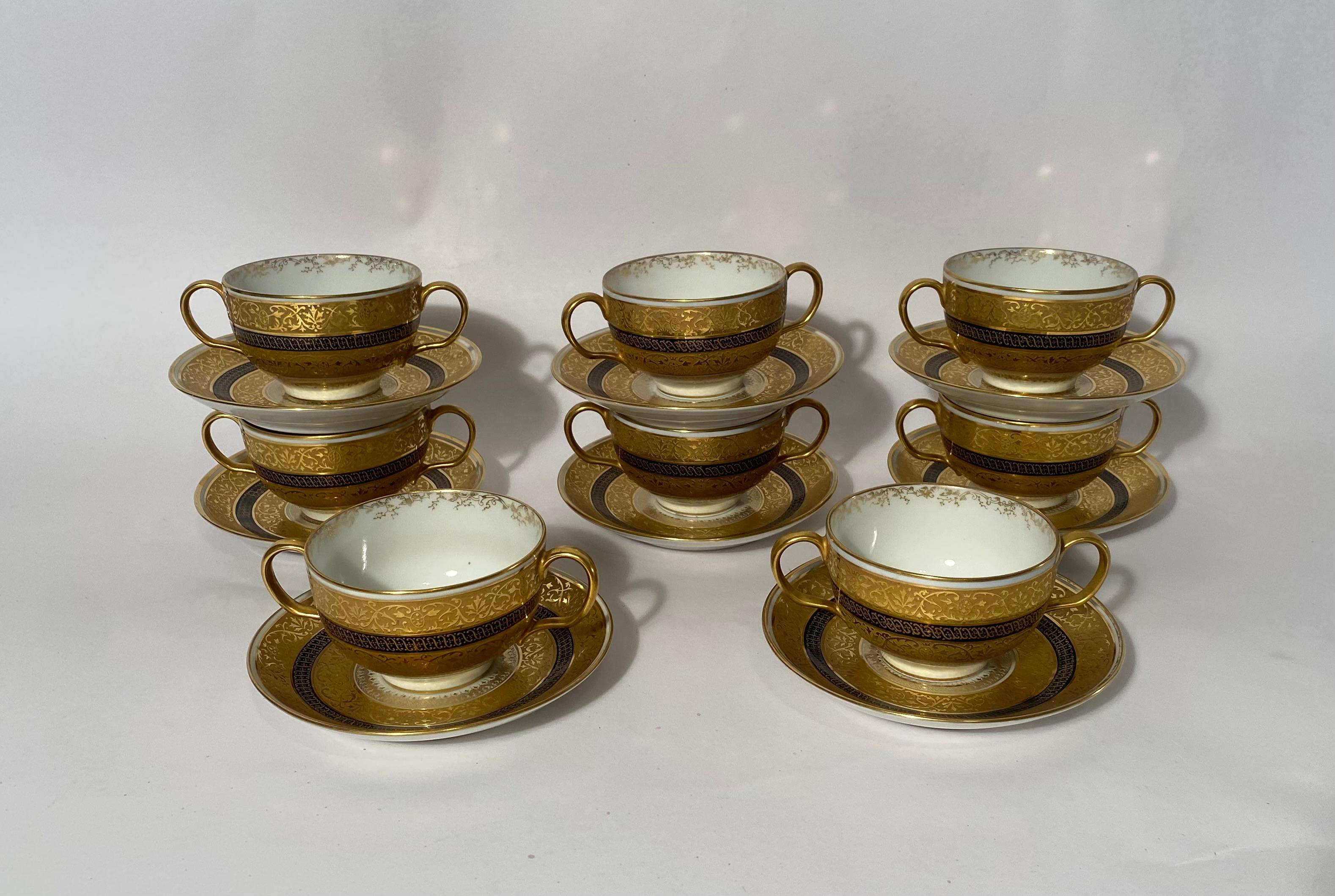 French A Set of 8 Cream Soup or Dessert Cups & Saucers. Antique Limoges Circa 1890 