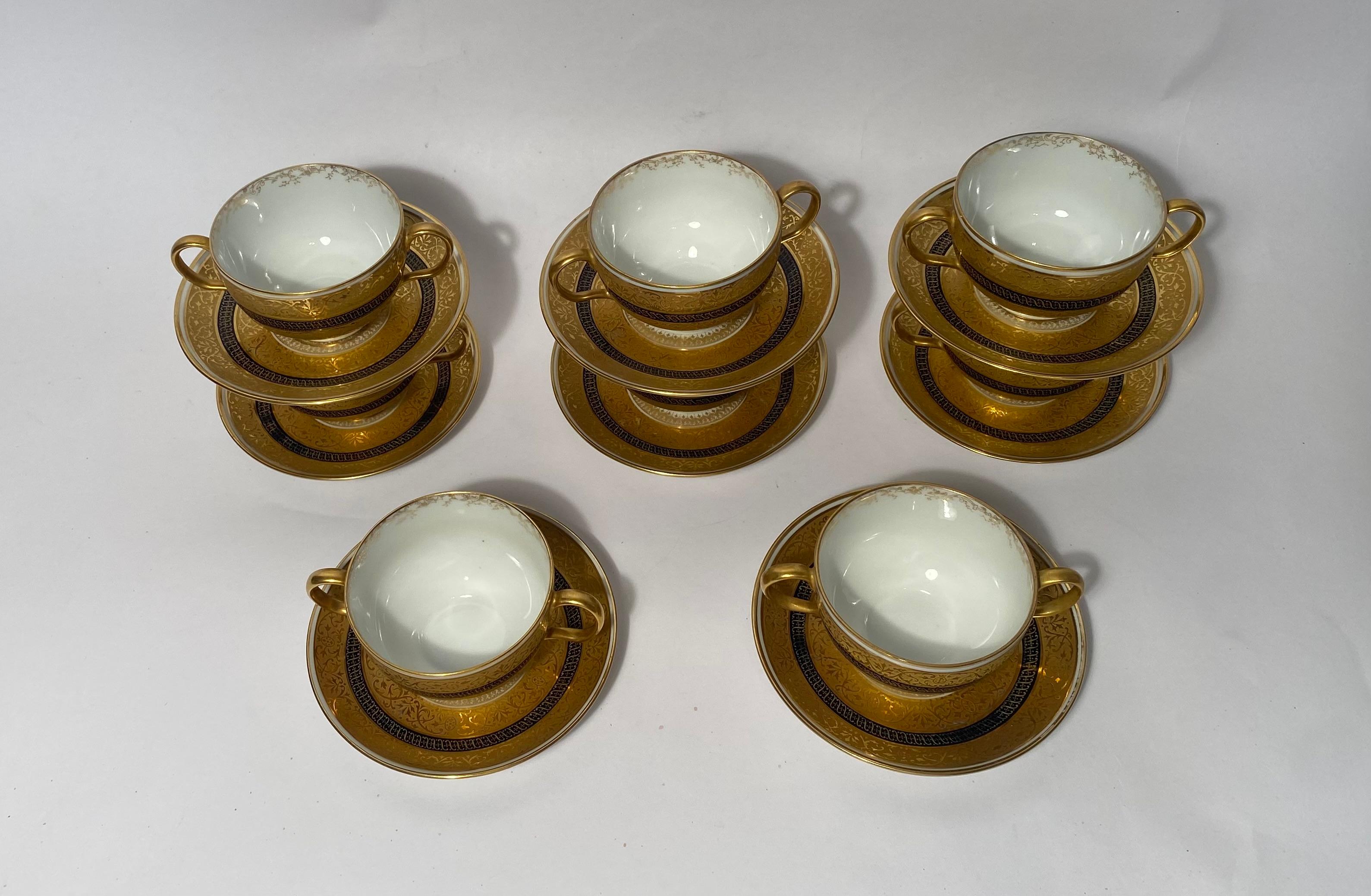 Gold A Set of 8 Cream Soup or Dessert Cups & Saucers. Antique Limoges Circa 1890 