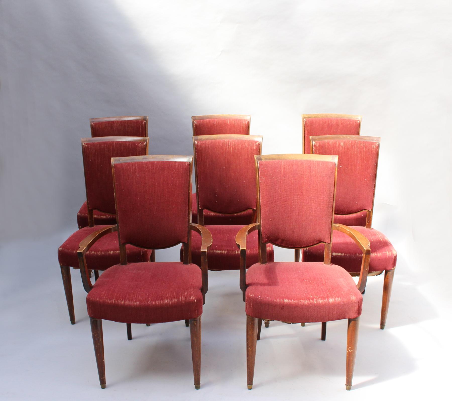 A set of 8 fine French Art Deco mahogany dining chairs (6 side and 2 arm) by Jules Leleu.
Price includes refinishing.
Documented: see pictures.

Armchair dimensions:
H 35 5/8
