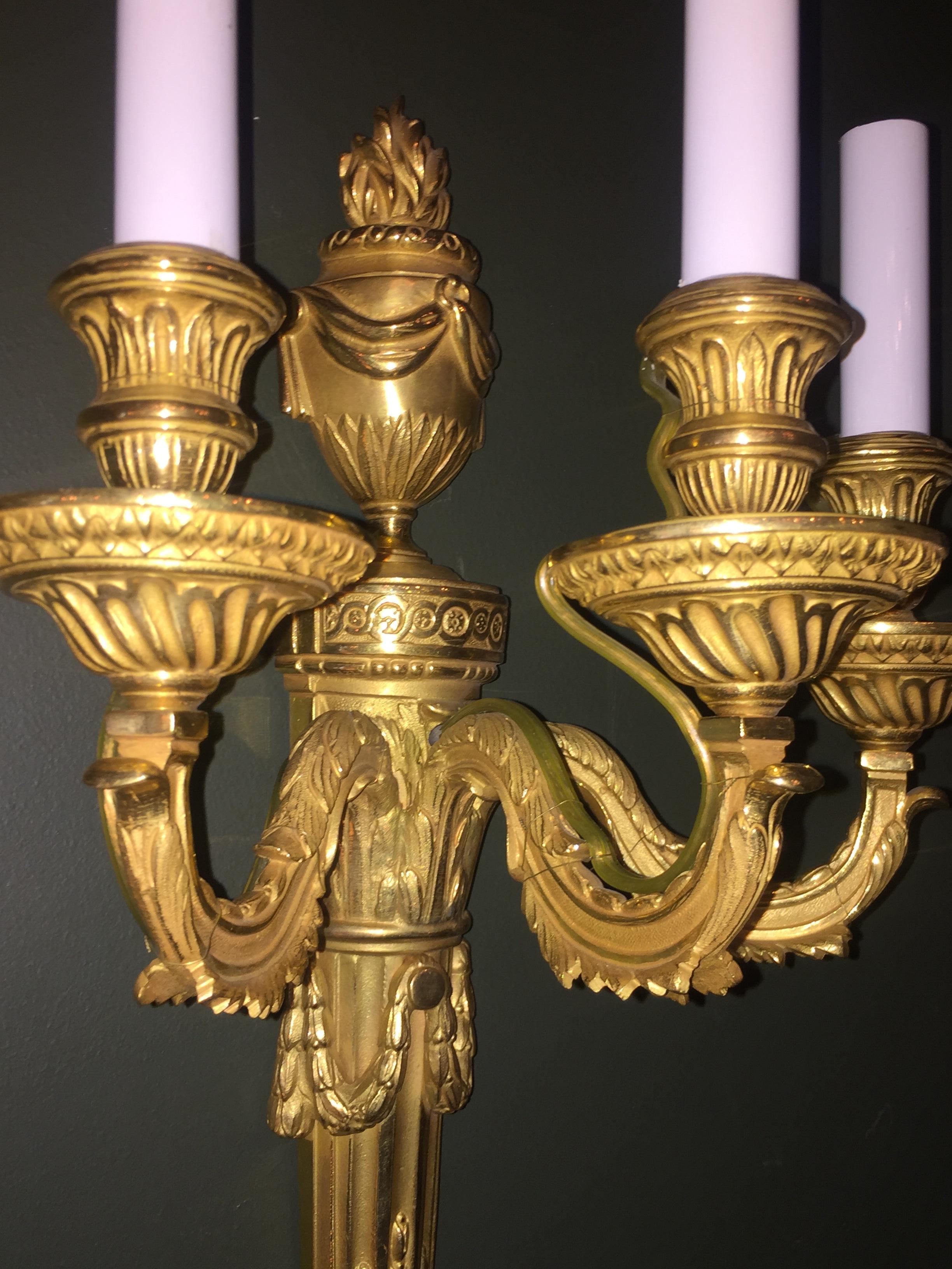 Set of 8 Louis XVI Style Gilt Bronze Three-Arm Wall Sconces 1