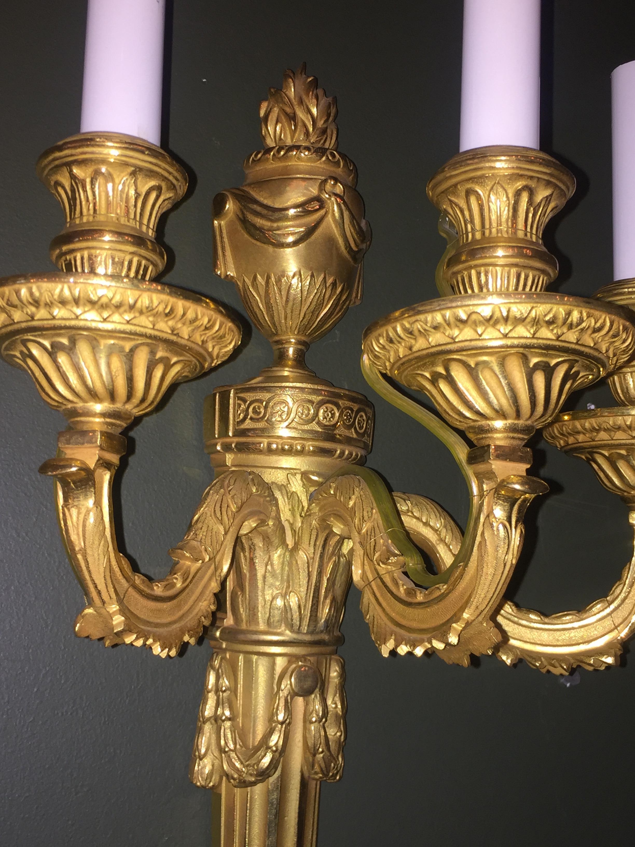 Set of 8 Louis XVI Style Gilt Bronze Three-Arm Wall Sconces 2