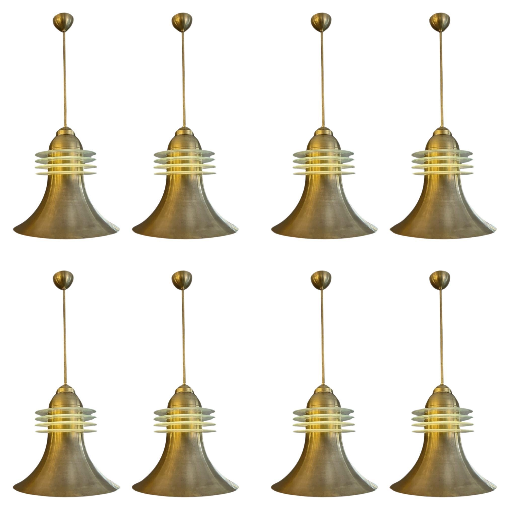 A Set Of 8 Mid Century Brass and Glass Pendants 