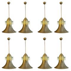 Vintage A Set Of 8 Mid Century Brass and Glass Pendants 