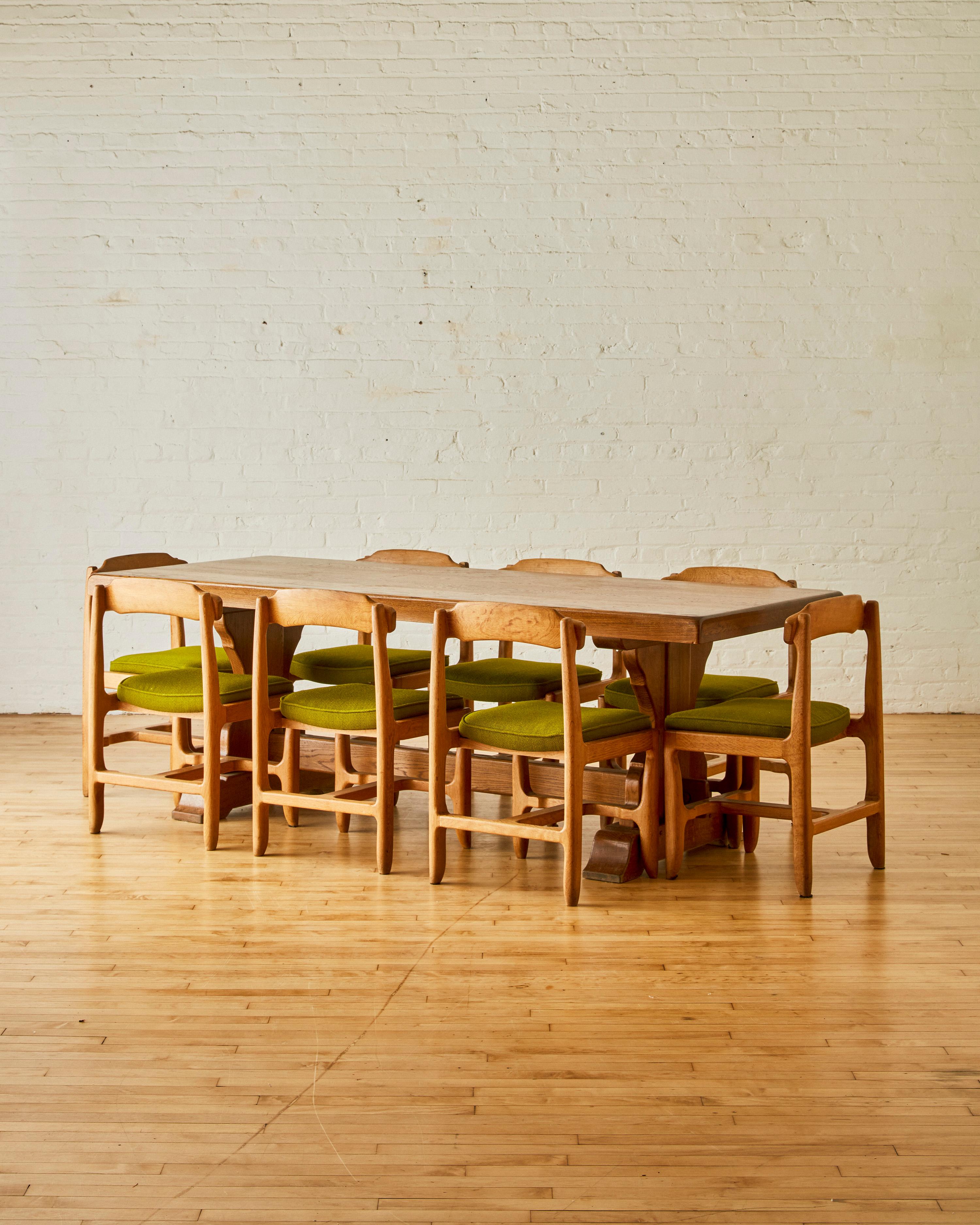 A set of 8 oak Guillerme & Chambron dining chairs. Newly upholstered using a wool blend from Raf Simons & Fanny Aronsen for Kvadrat Vidar 4, Color 956.

