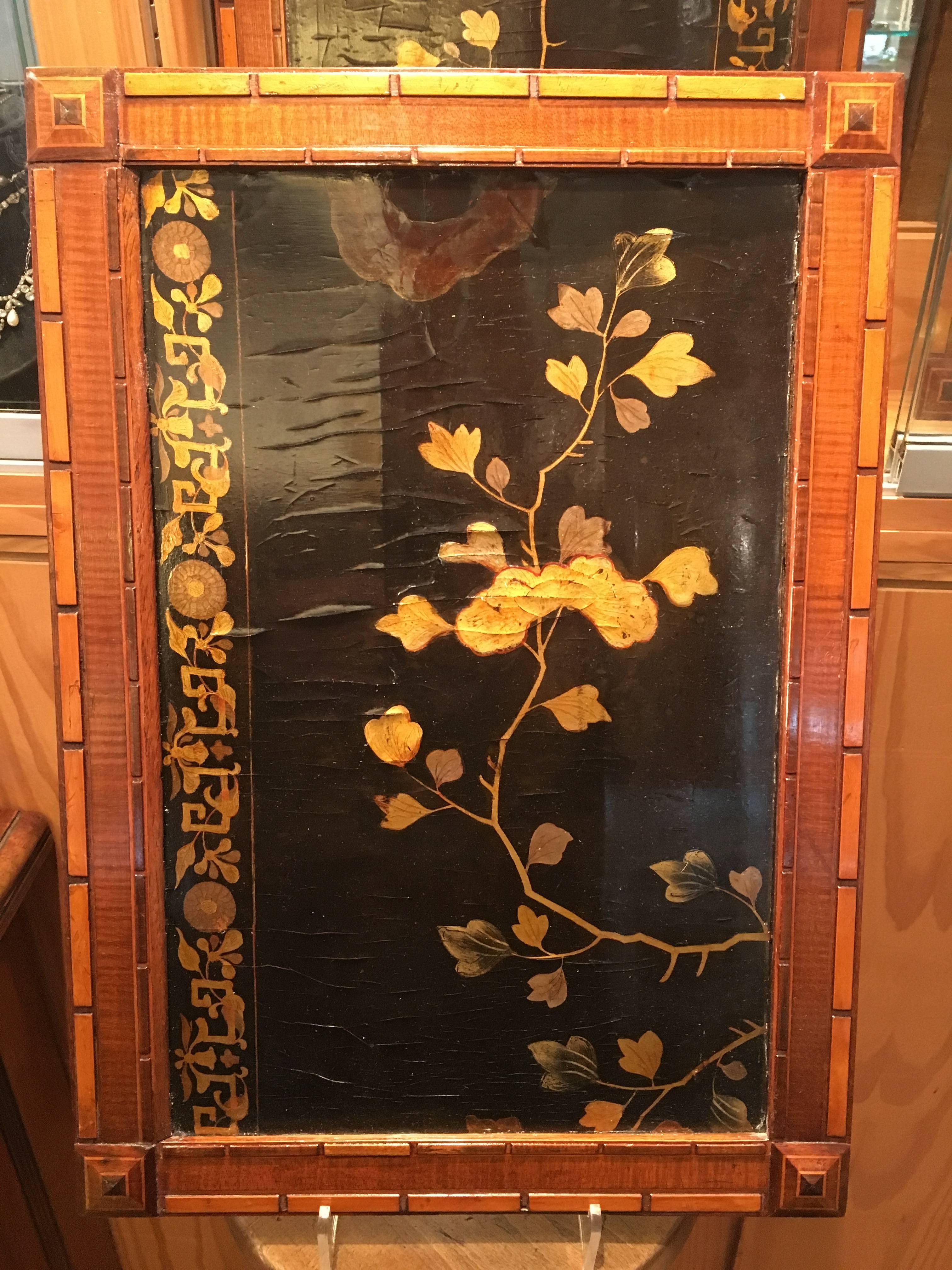 A wonderfully decorative and rare set of eight oriental lacquer panels, originally from a cruise ship. Each with a lovely Eastern decorative scene, circa 1920s.

Very nicely sized, each panel measuring 21 x 14 inches. Mounted on a hardwood frame.