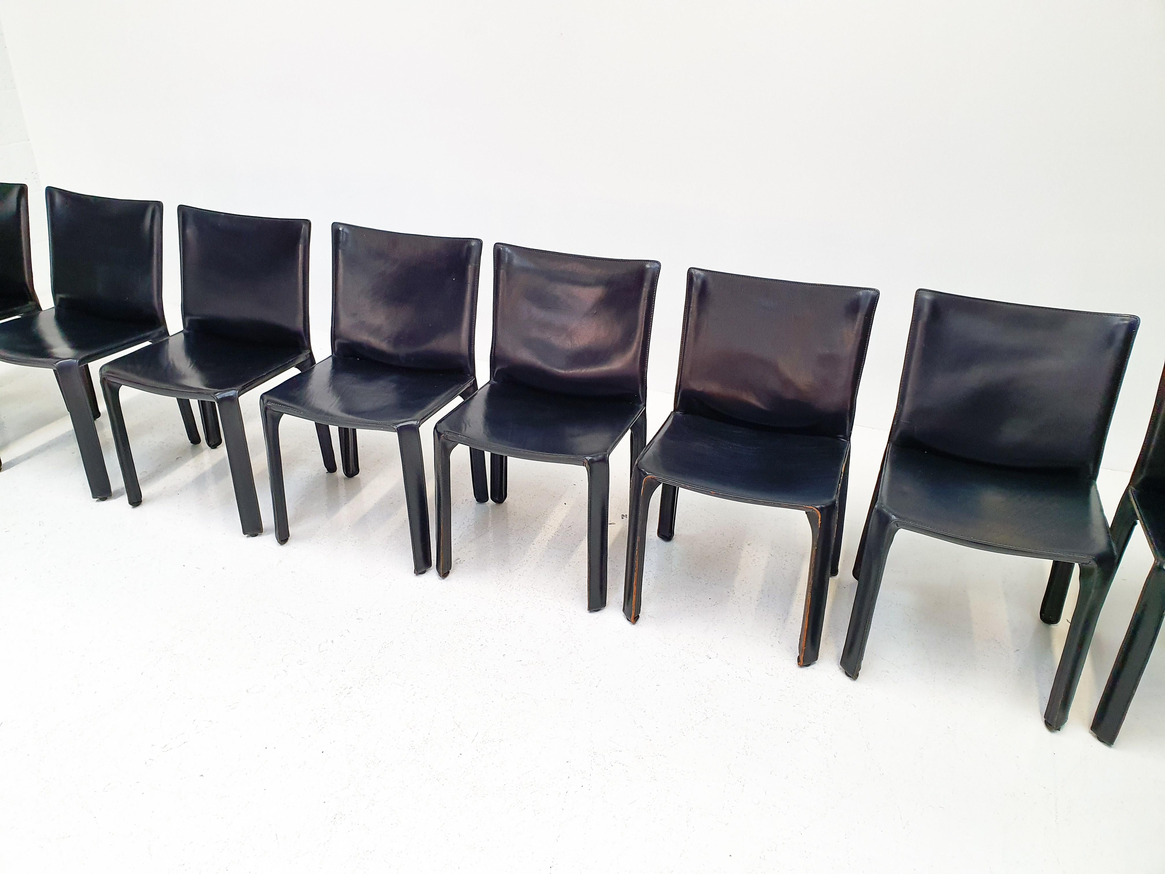 Mid-Century Modern Set of 8 Mario Bellini Leather CAB Chairs in Black for Cassina, 1977, Italy