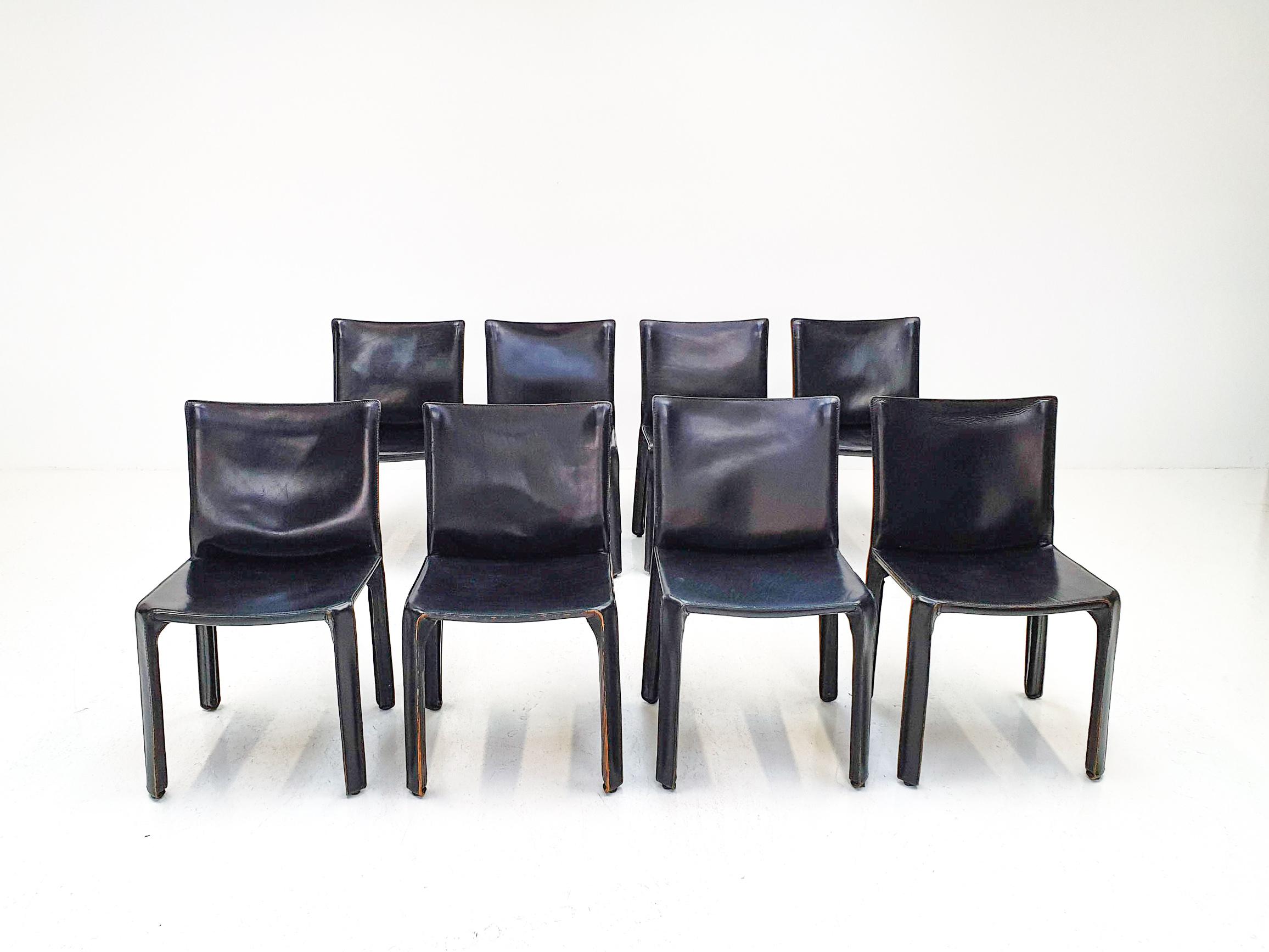 Italian Set of 8 Mario Bellini Leather CAB Chairs in Black for Cassina, 1977, Italy