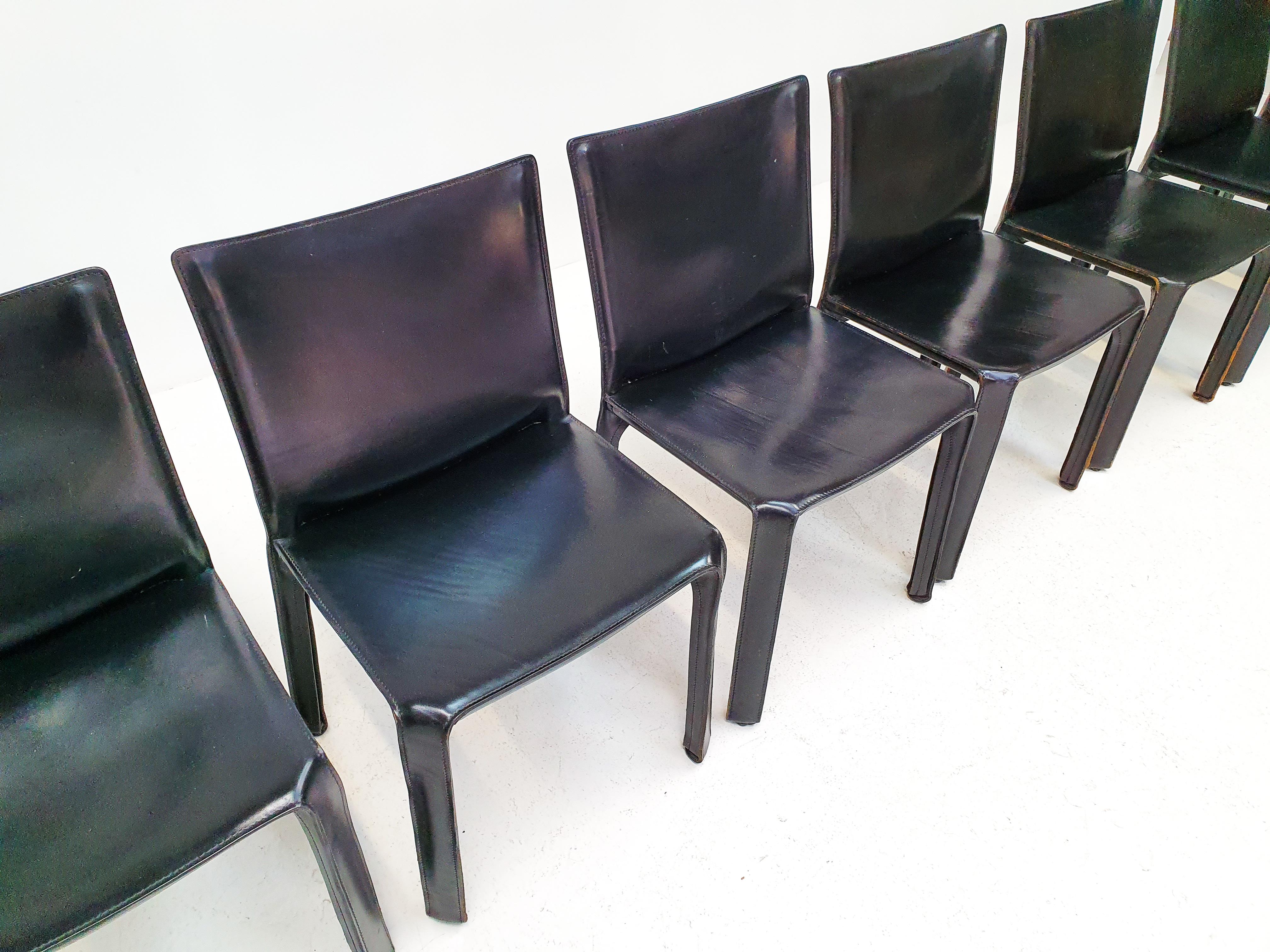 Set of 8 Mario Bellini Leather CAB Chairs in Black for Cassina, 1977, Italy In Good Condition In London Road, Baldock, Hertfordshire