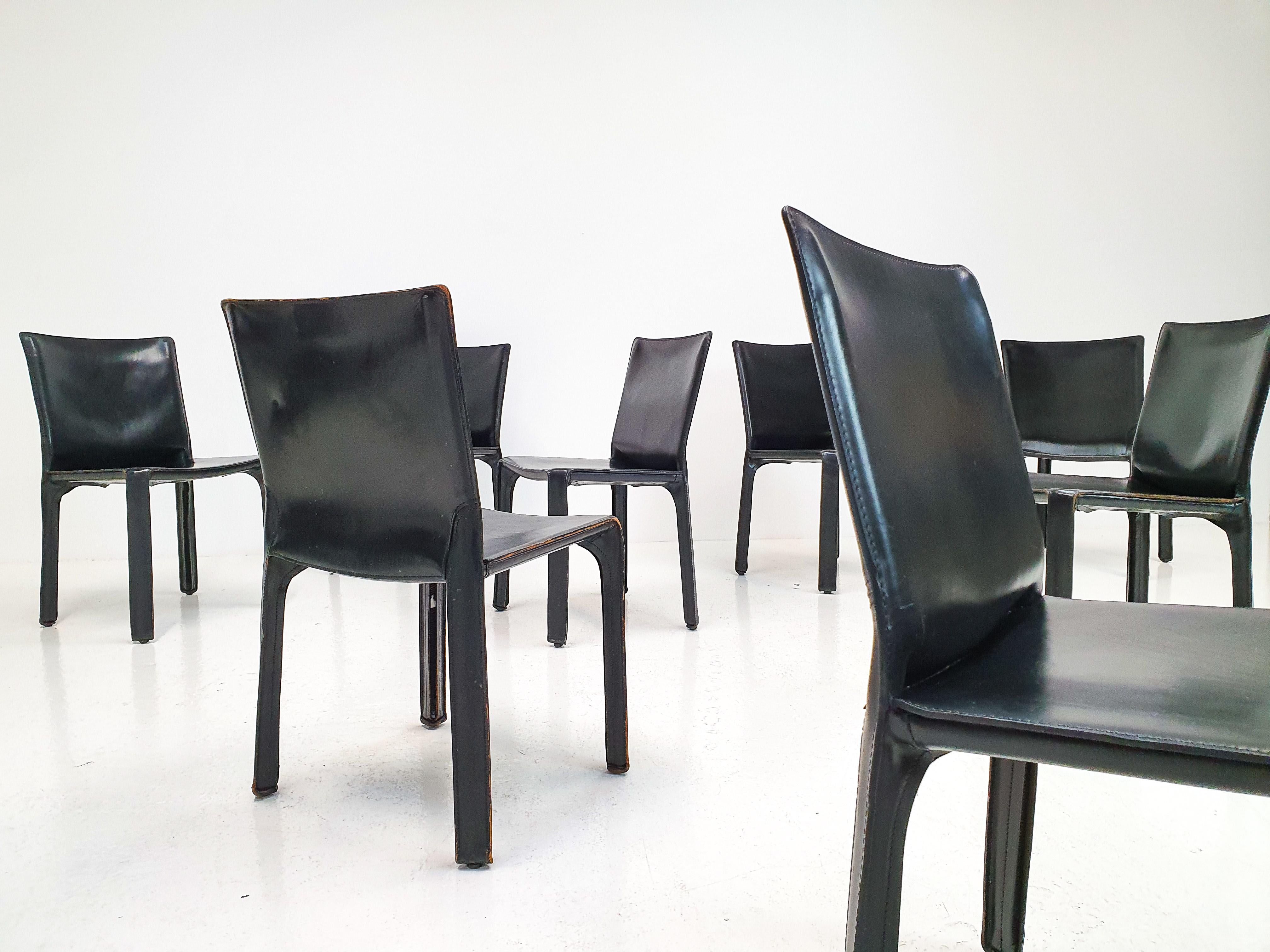 20th Century Set of 8 Mario Bellini Leather CAB Chairs in Black for Cassina, 1977, Italy