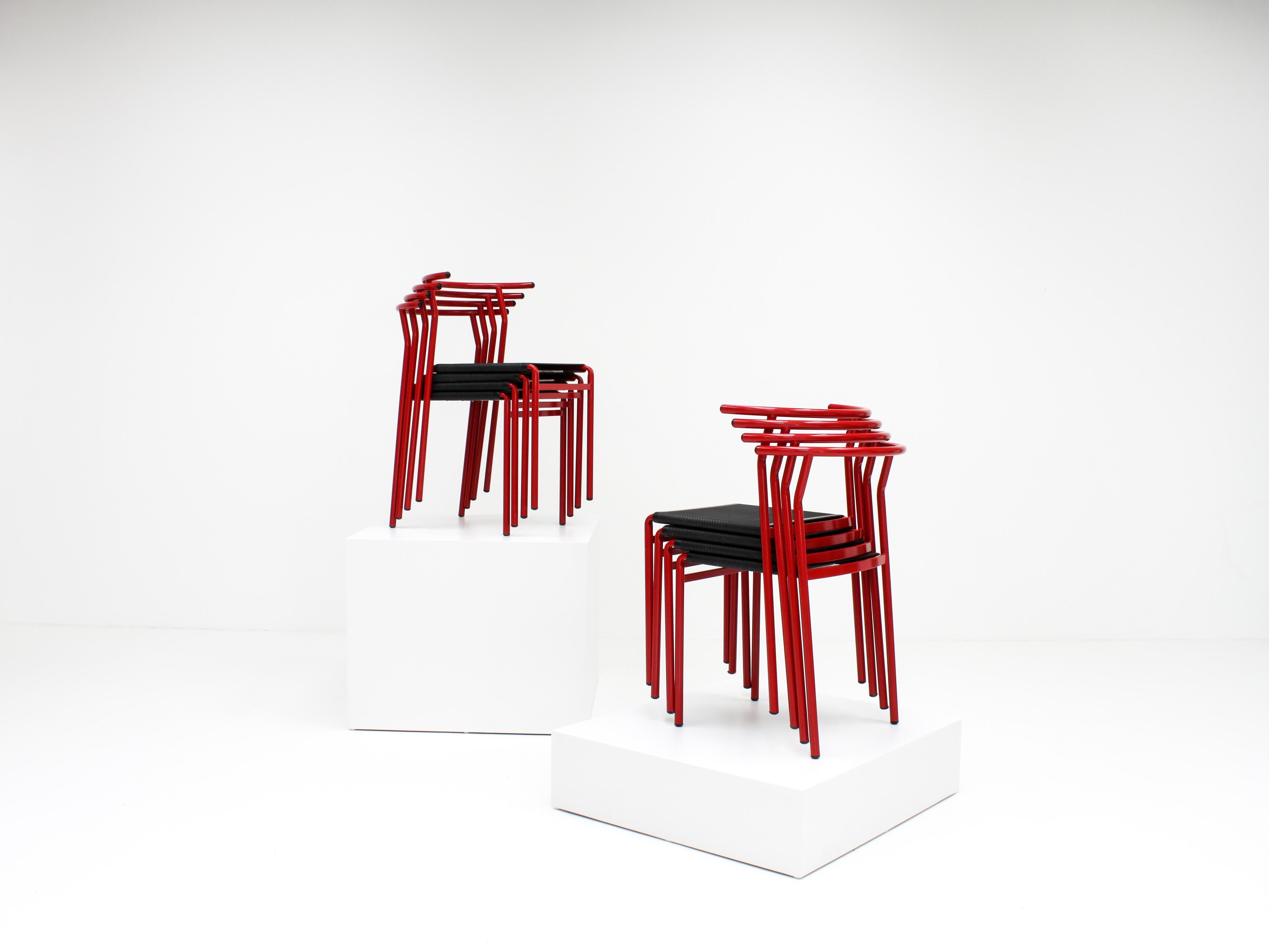 A set of 8 Philippe Starck Cafè chairs for Baleri Italia, designed in 1984 for Cafè Costes Paris.

Gloss red steel tubular frames with latex seat sprung on the underside, an important design feature in the earlier pieces.

We ship globally, please