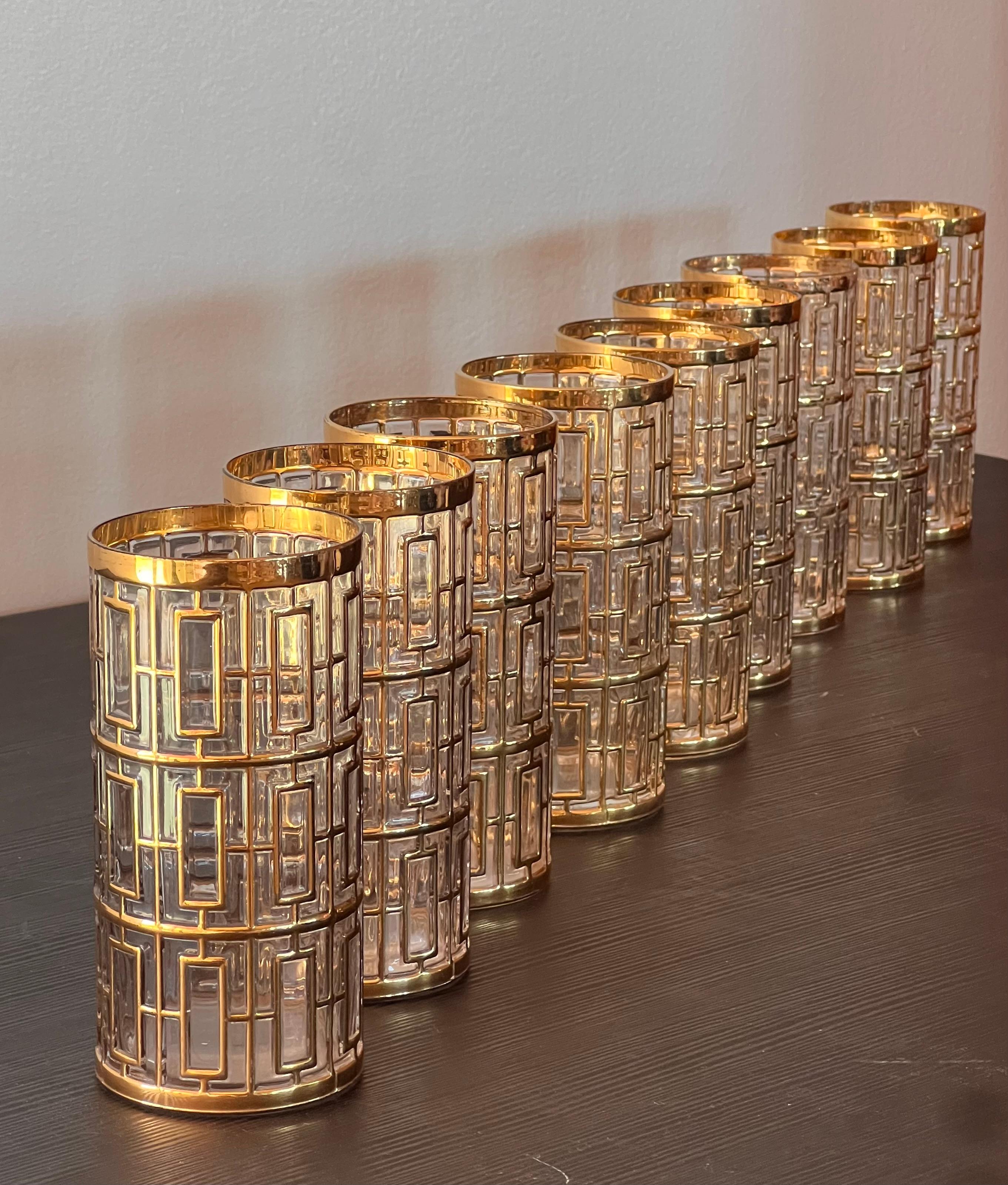 Ein Satz von 9 Shoji-Gläsern mit Goldkäfig von Imperial Glass, um 1975 (Hollywood Regency) im Angebot