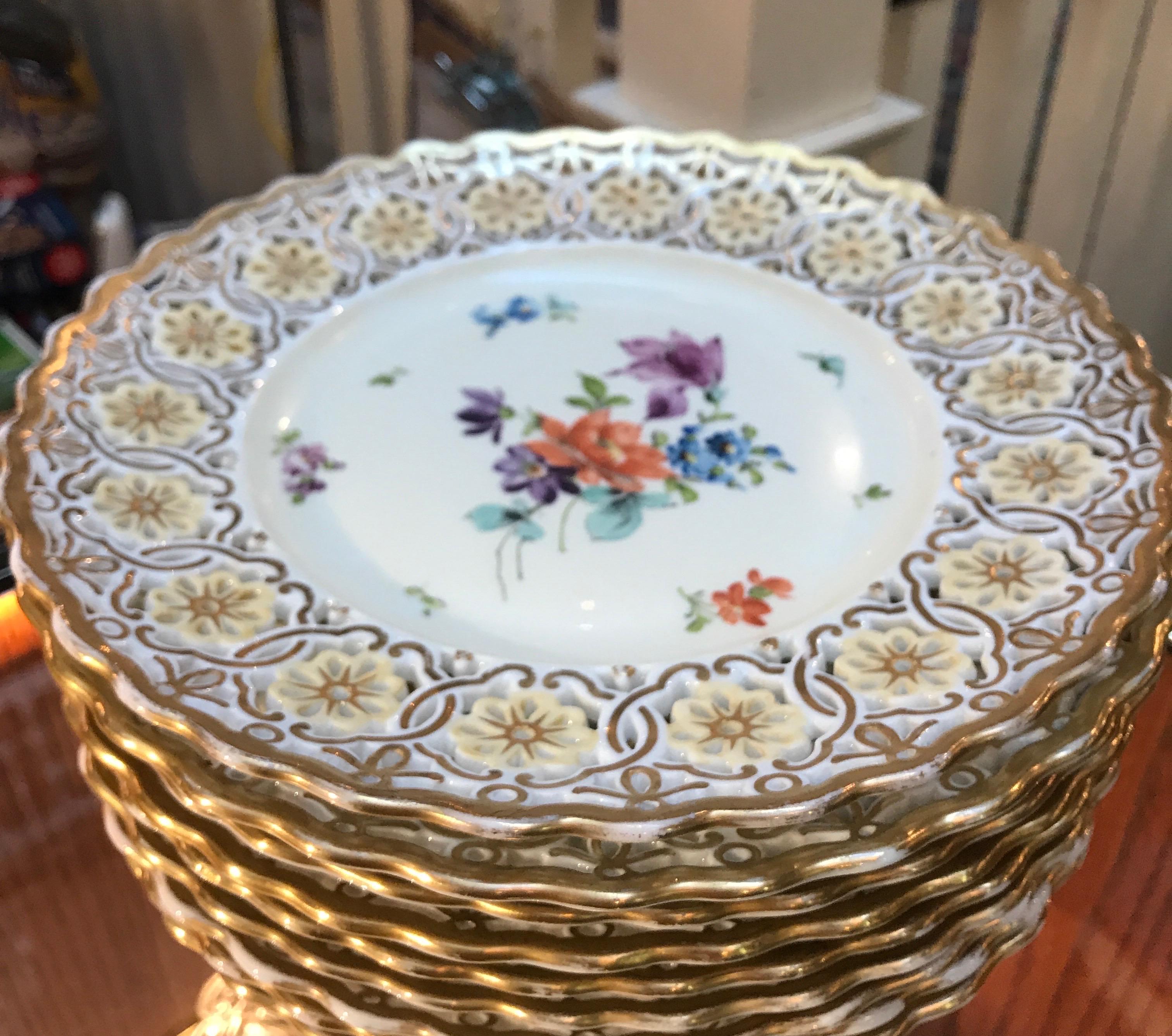 German Set of 9 Hand Painted and Reticulated Accent Plates For Sale