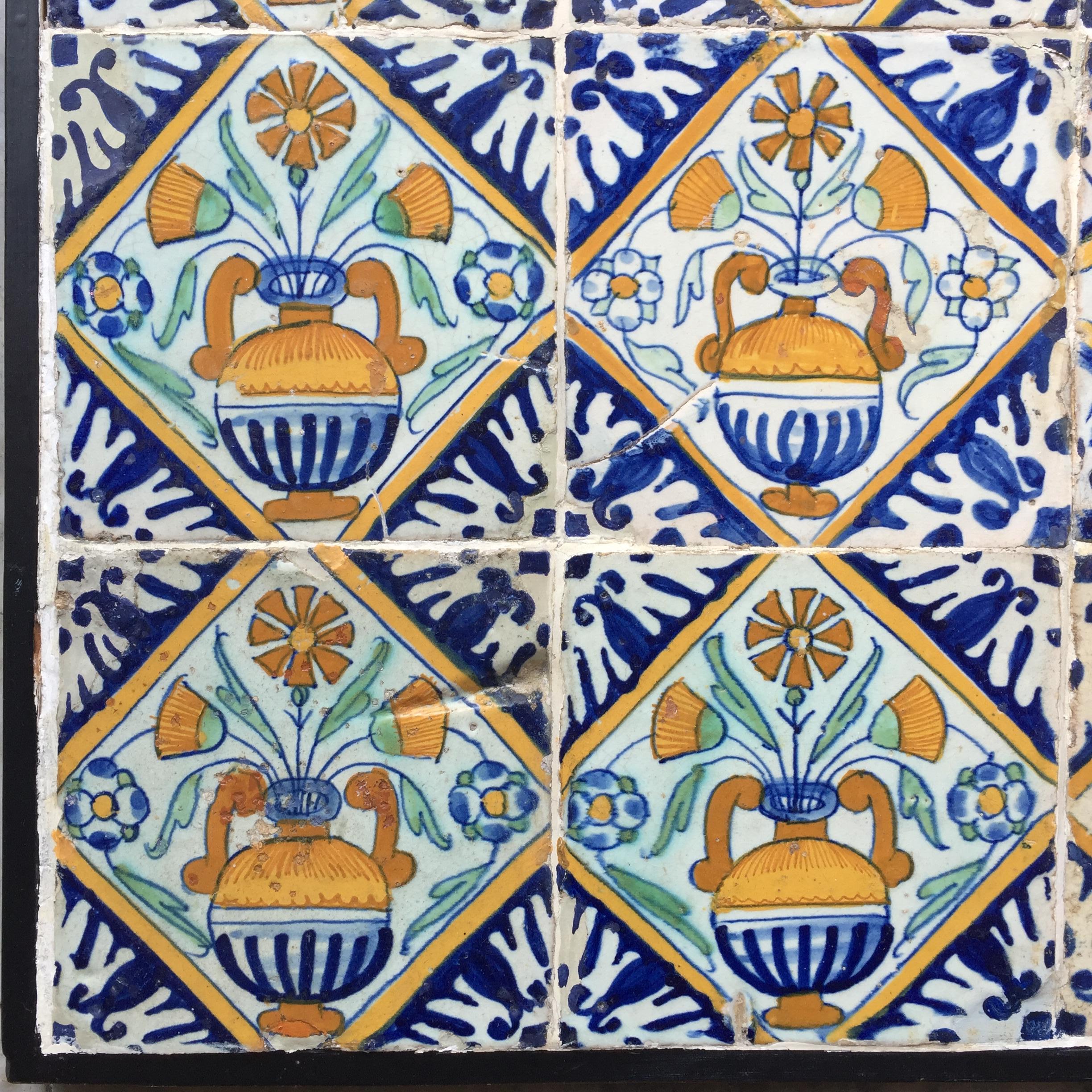 Renaissance Set of 9 Polychrome Dutch Delft Tiles with Flower Vases For Sale