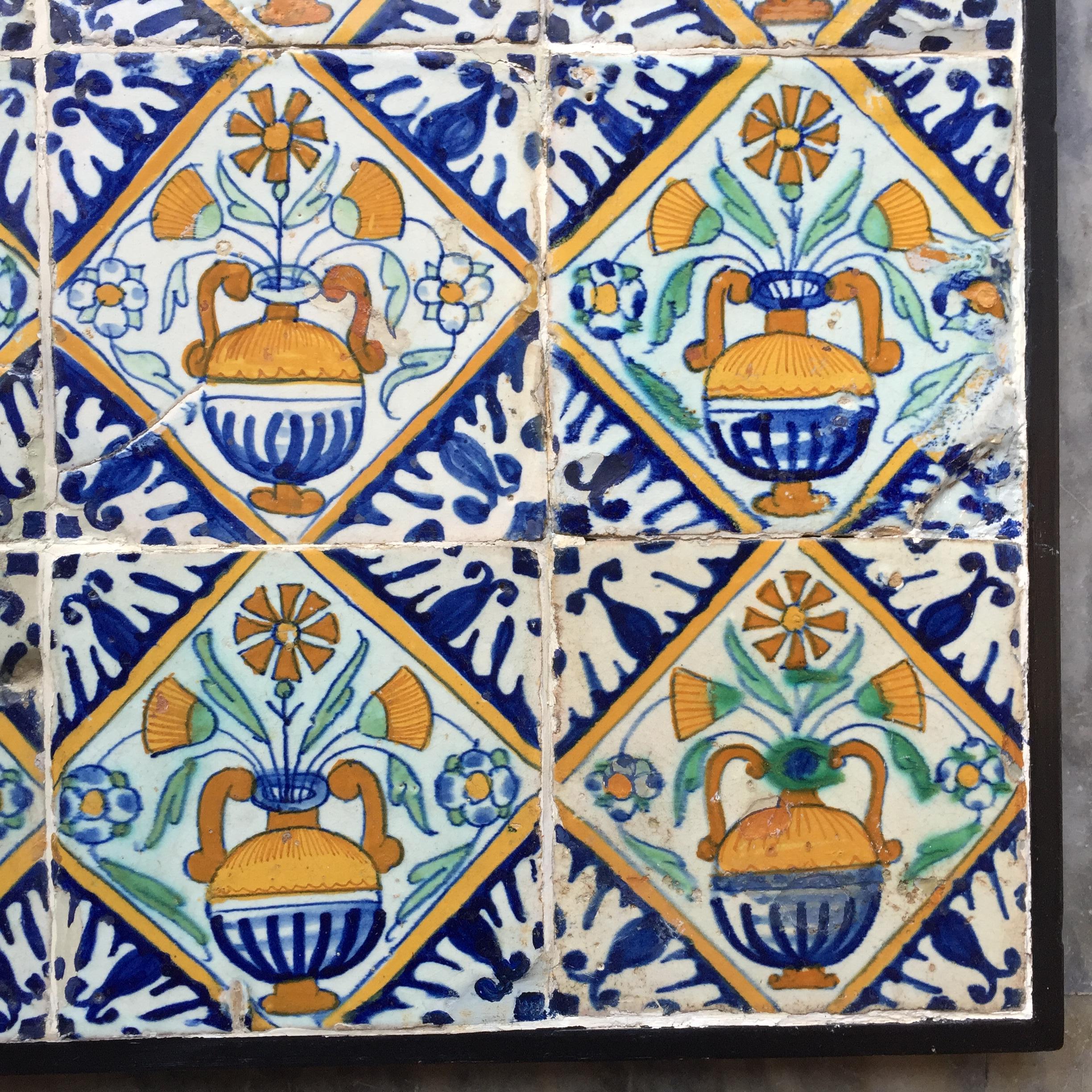Glazed Set of 9 Polychrome Dutch Delft Tiles with Flower Vases For Sale