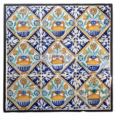Set of 9 Polychrome Dutch Delft Tiles with Flower Vases