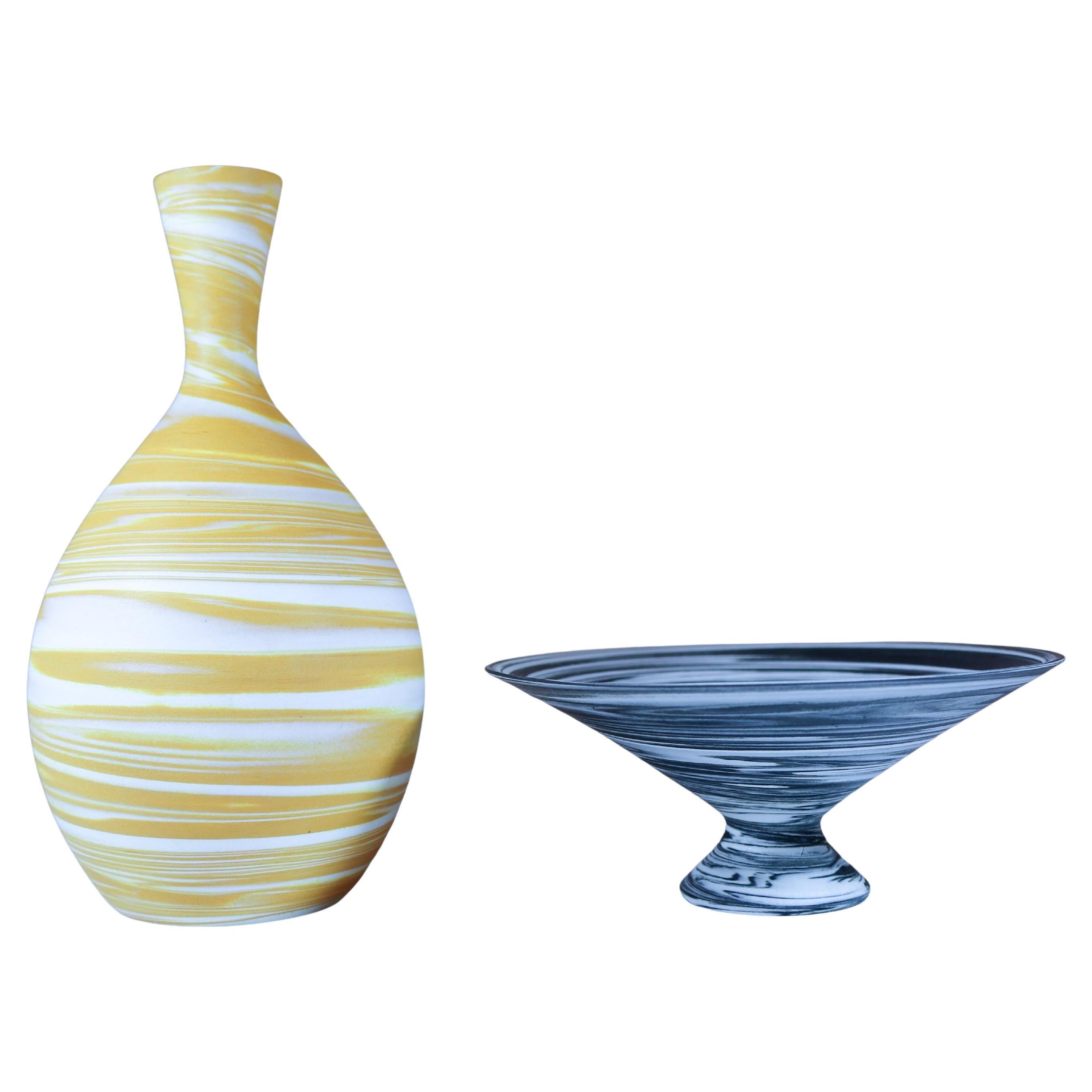 A set of a yellow & black swirl vase & bowl - Sven Wejsfelt Gustavsberg 1980s For Sale
