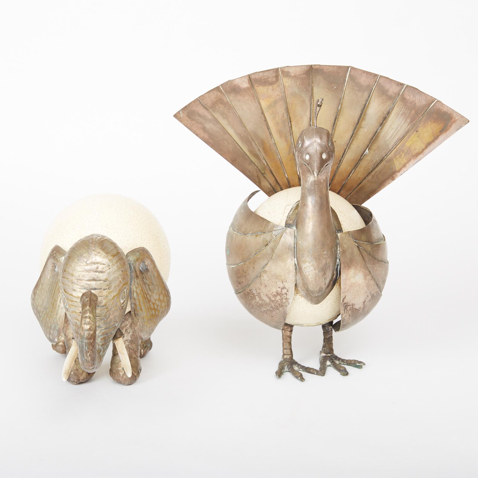 British Anthony Redmile Ostrich Egg and Silver Elephant and Peacock Sculptures